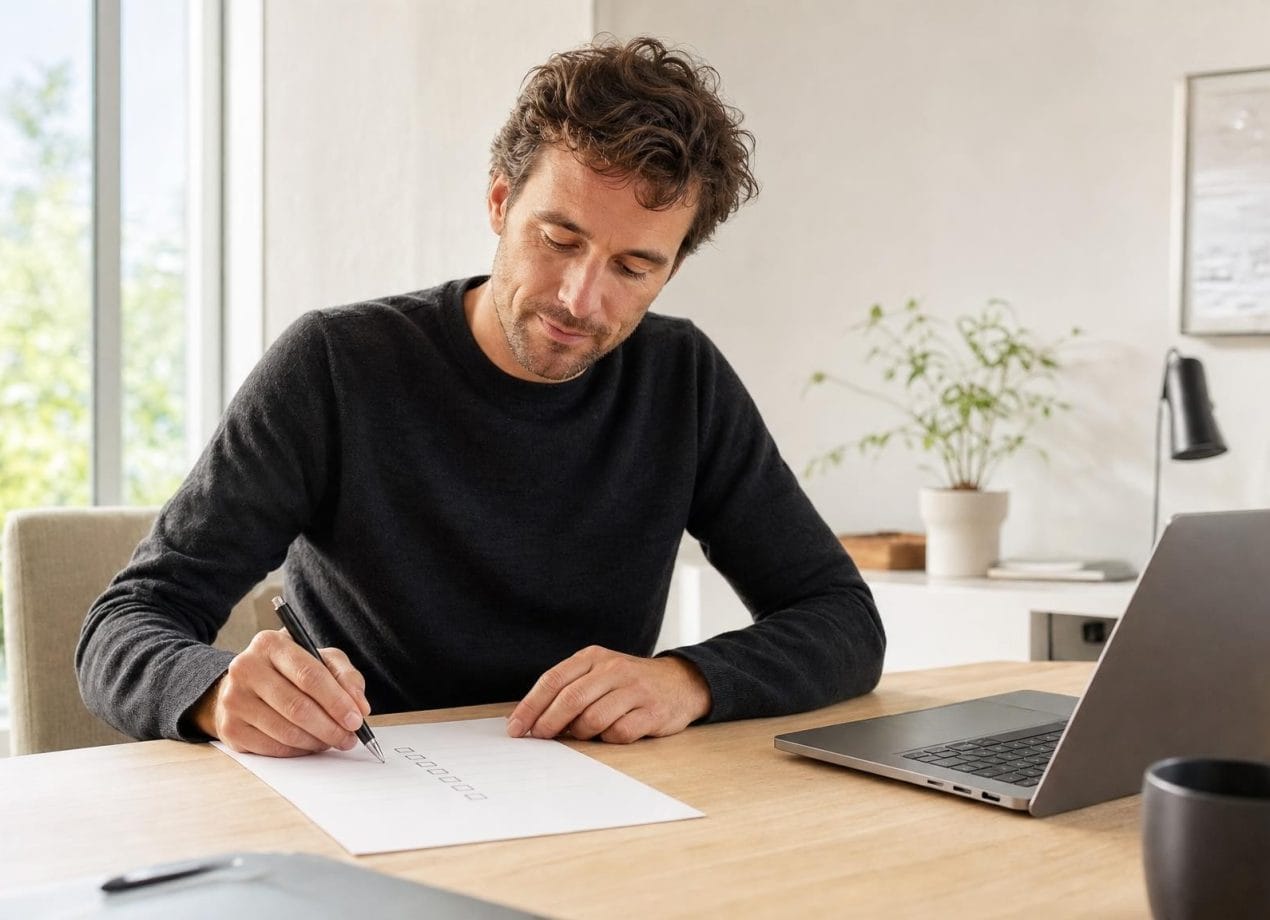 Persoon vinkt een checklist af aan een modern bureau