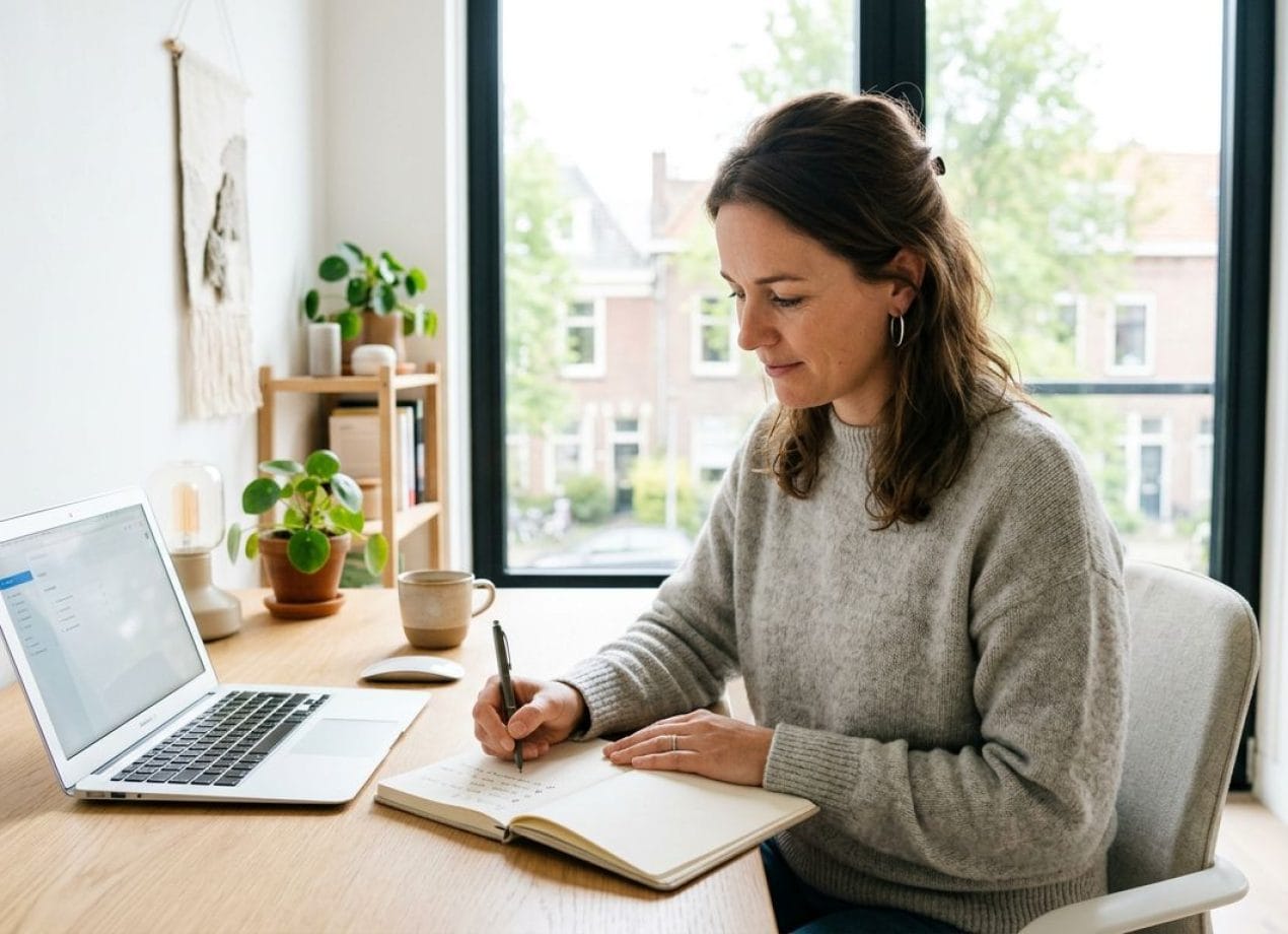 Persoon maakt een checklist voor het testament aan een modern bureau