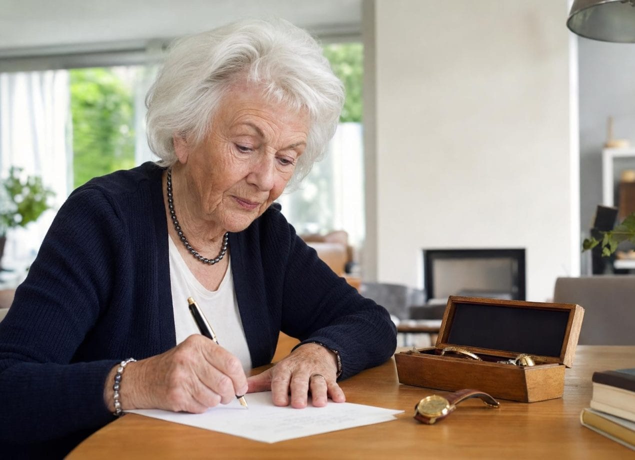 Oudere vrouw schrijft met een pen een handgeschreven lijst, met een sieradendoosje en horloge op tafel, voor een codicil