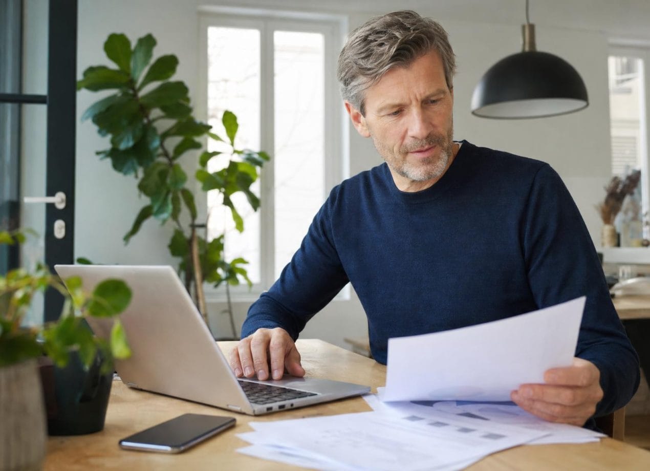 Man werkt aan een laptop met documenten op tafel, bezig met zijn taken als gevolmachtigde