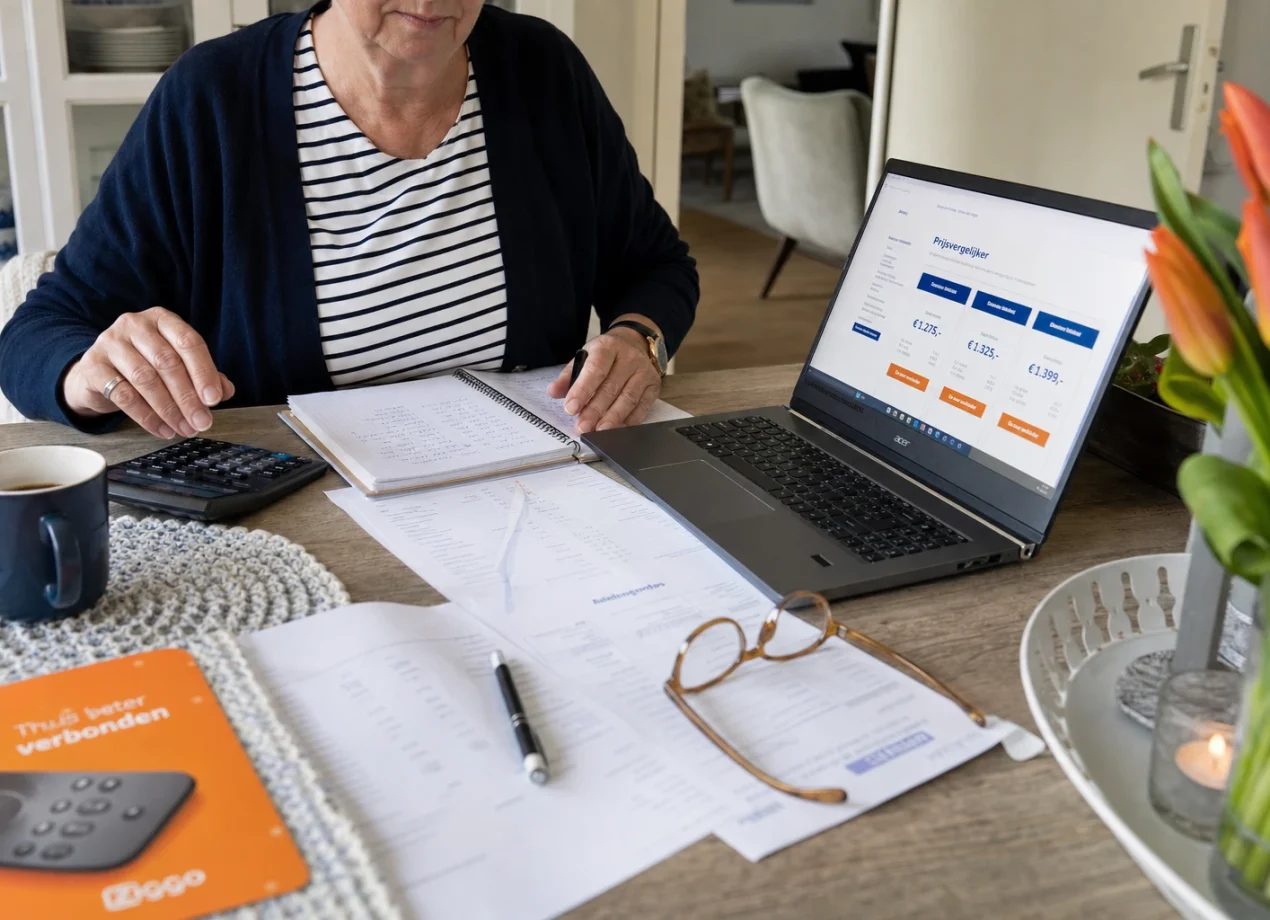 Persoon van rond de 60 vergelijkt thuis aan tafel de kosten van een verklaring van erfrecht op een laptop