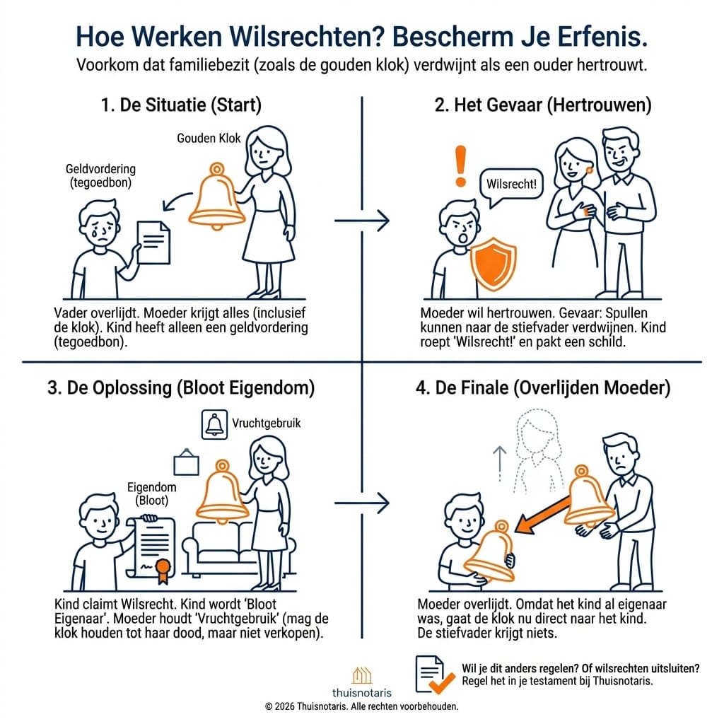 Infographic van Thuisnotaris over wilsrechten. Vier stappen tonen hoe een kind (erfgenaam) familiebezit, uitgebeeld als een gouden klok, beschermt tegen een stiefouder door wilsrechten in te roepen. Termen: bloot eigendom en vruchtgebruik.