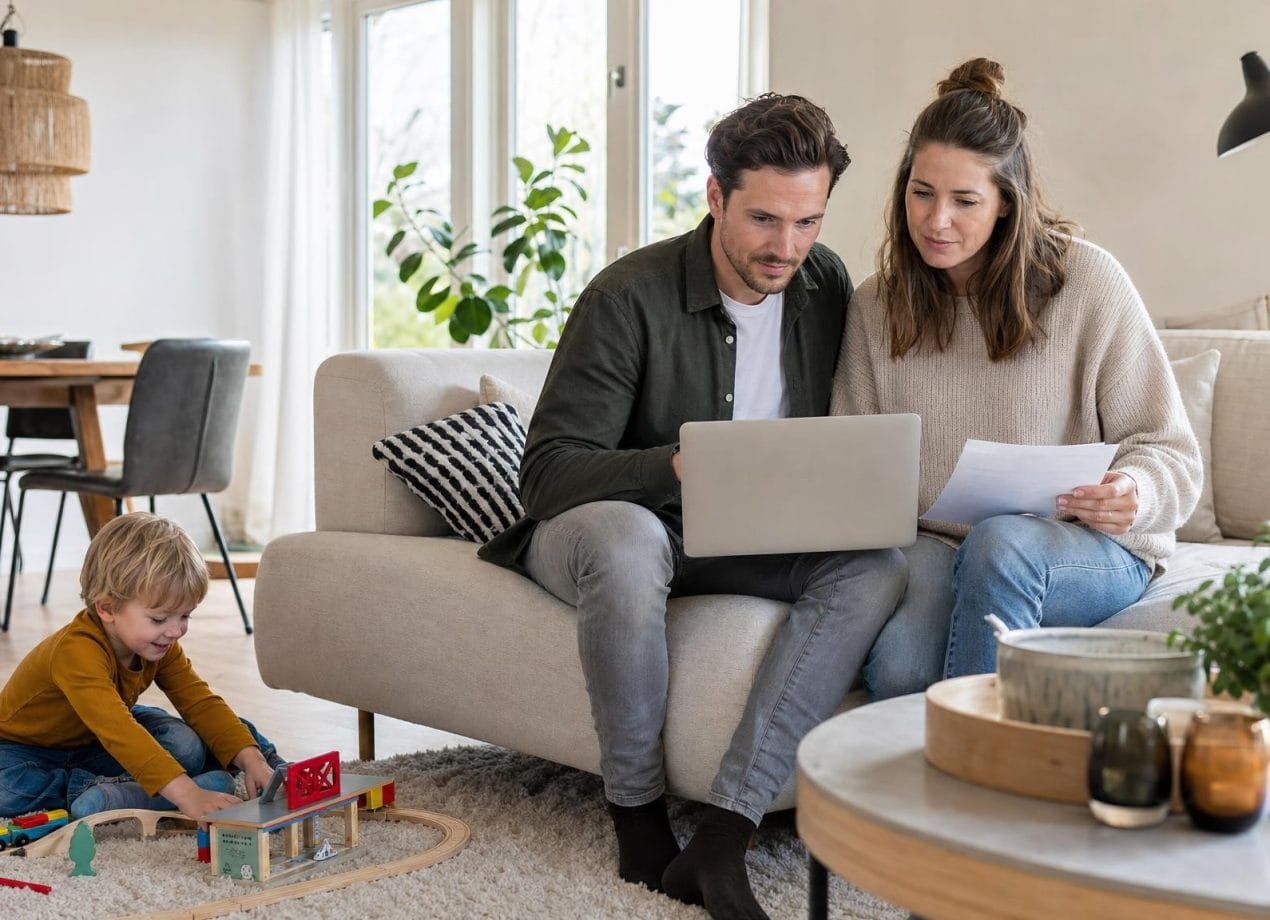 Jonge ouders bekijken samen een laptop en documenten op de bank, terwijl hun kind op de vloer speelt, bezig met de vraag wanneer een testament nodig is