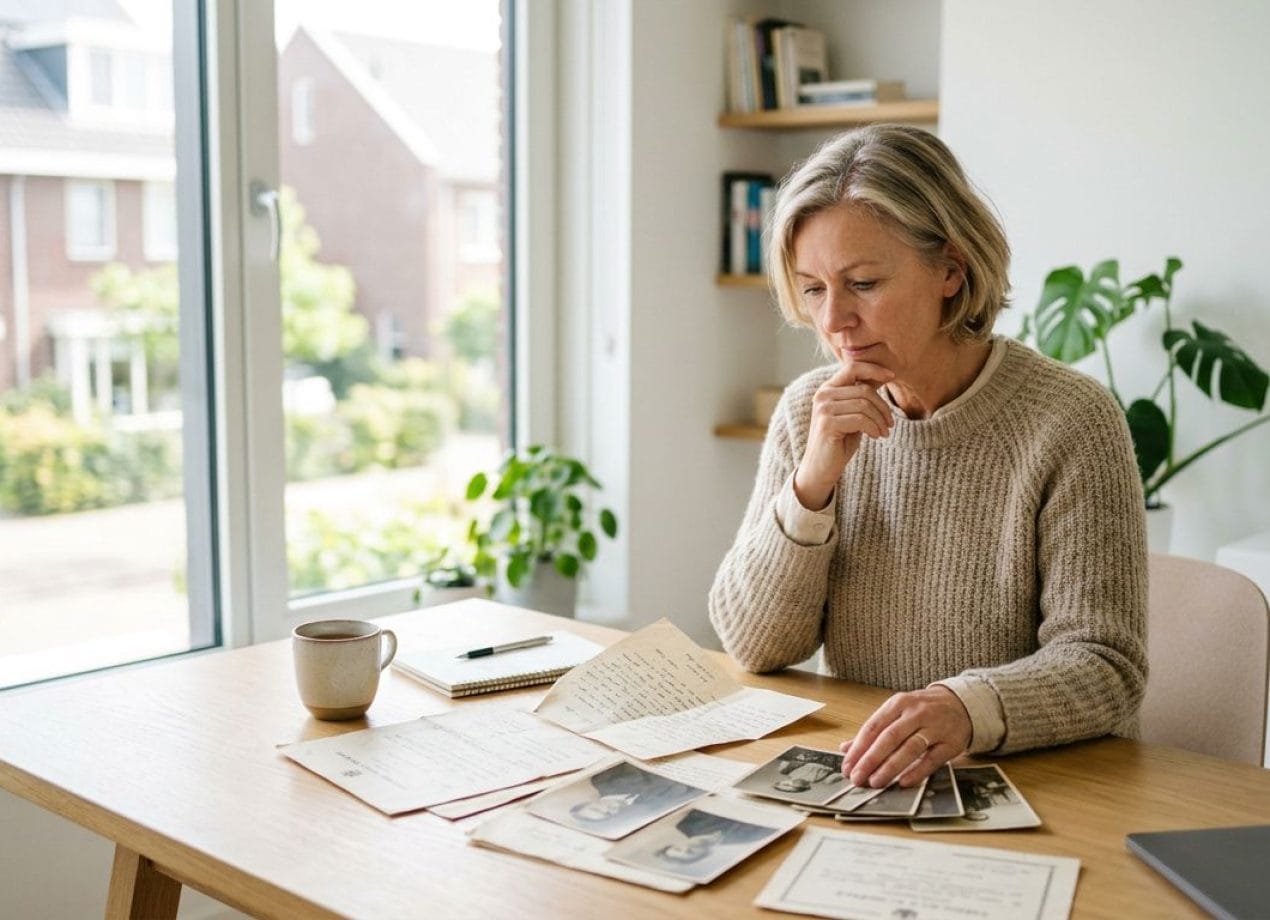 Persoon kijkt nadenkend naar familiedocumenten aan een licht bureau