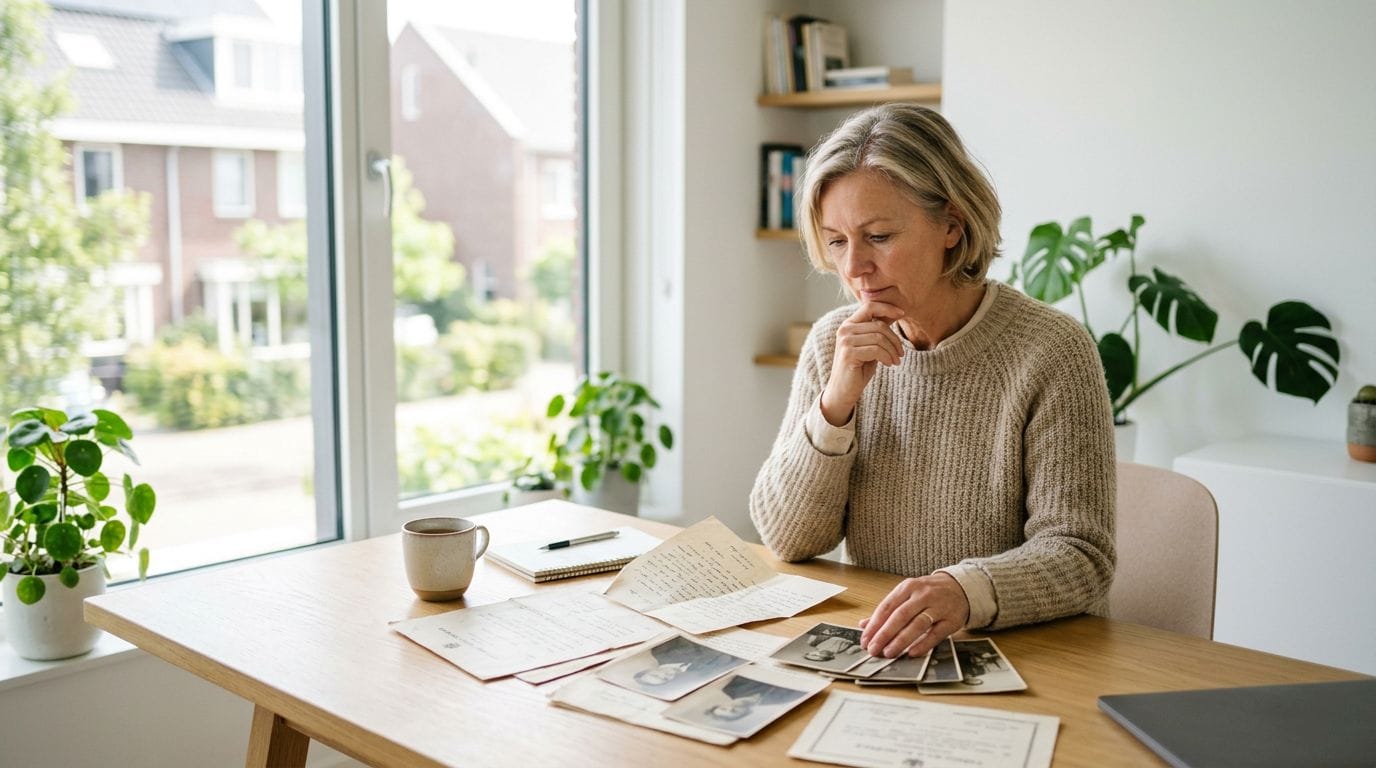 Persoon kijkt nadenkend naar familiedocumenten aan een licht bureau