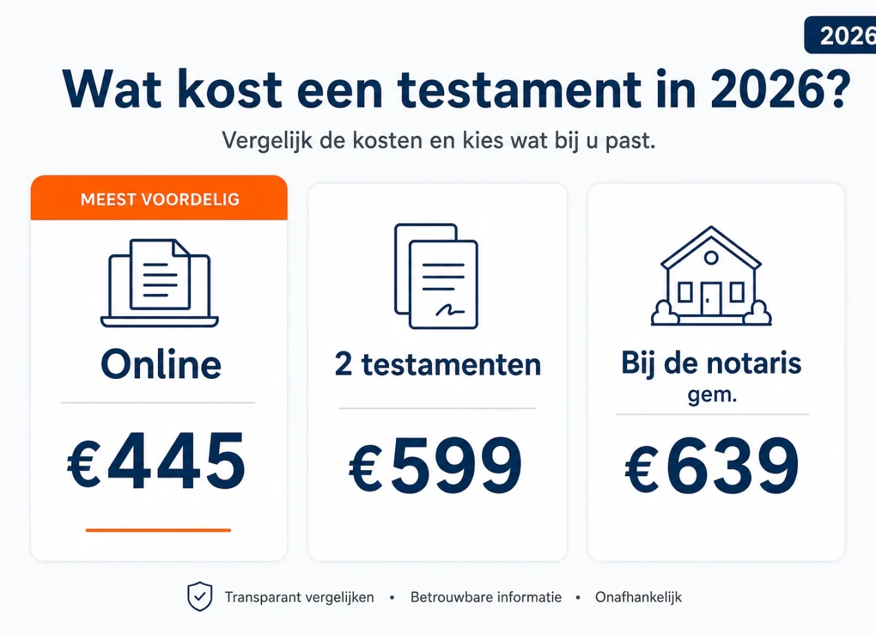 Kosten testament 2026 vergeleken: online vanaf €445 tot gemiddeld €639 bij de notaris