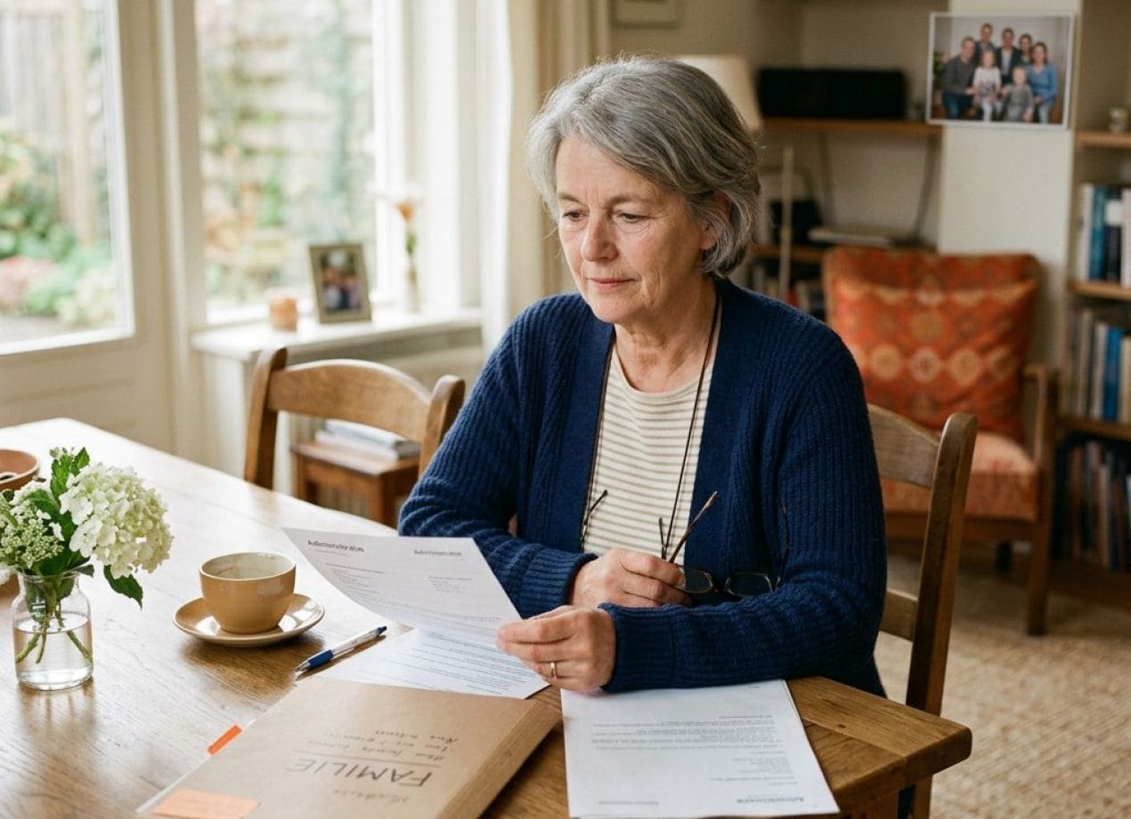 Vrouw sorteert thuis rustig papieren voor de verklaring van erfrecht na een overlijden