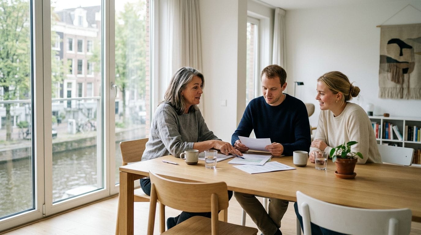 Ouder en twee volwassen kinderen bespreken samen documenten aan de eettafel