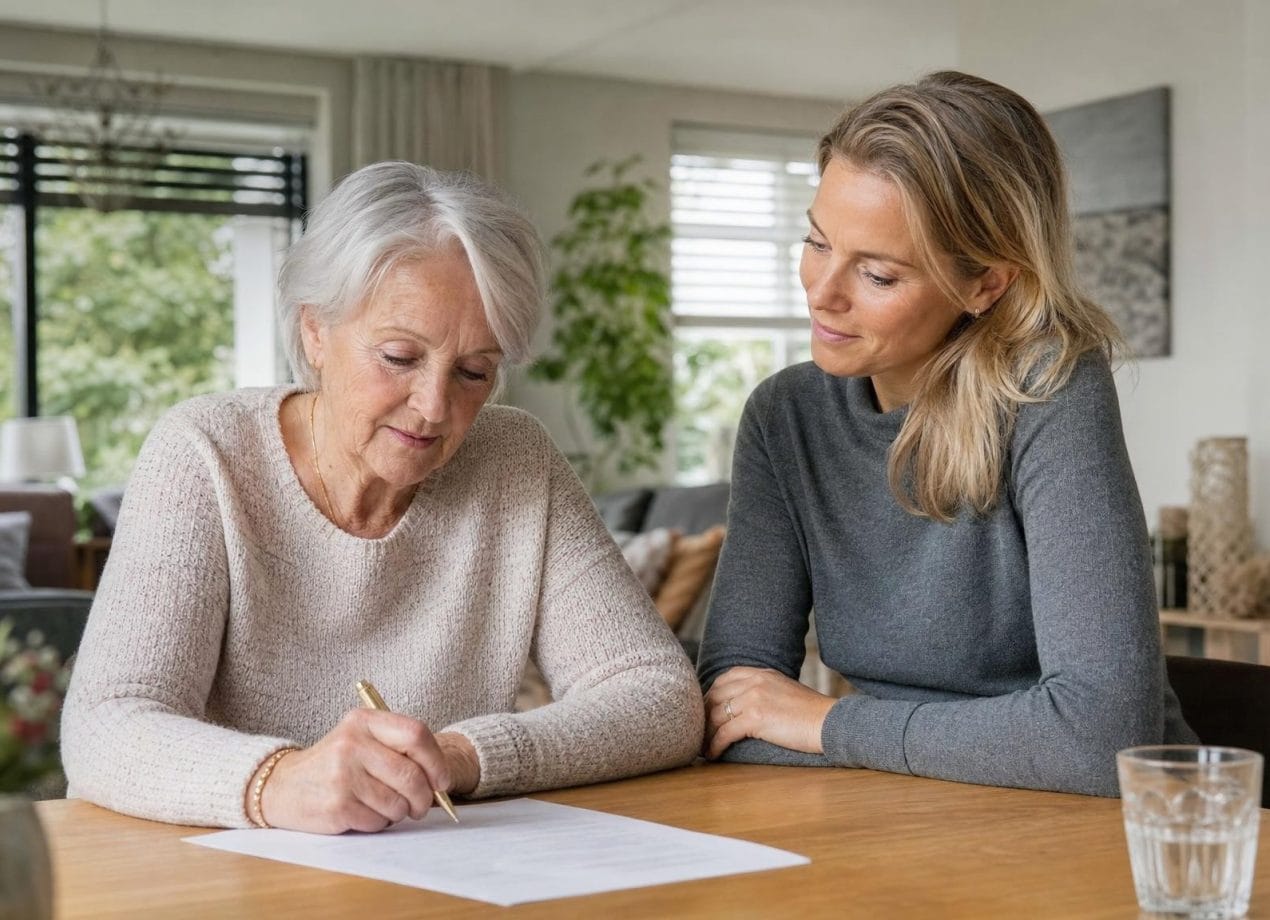 Oudere vrouw ondertekent een document aan tafel terwijl haar volwassen dochter naast haar zit, voor een medische volmacht