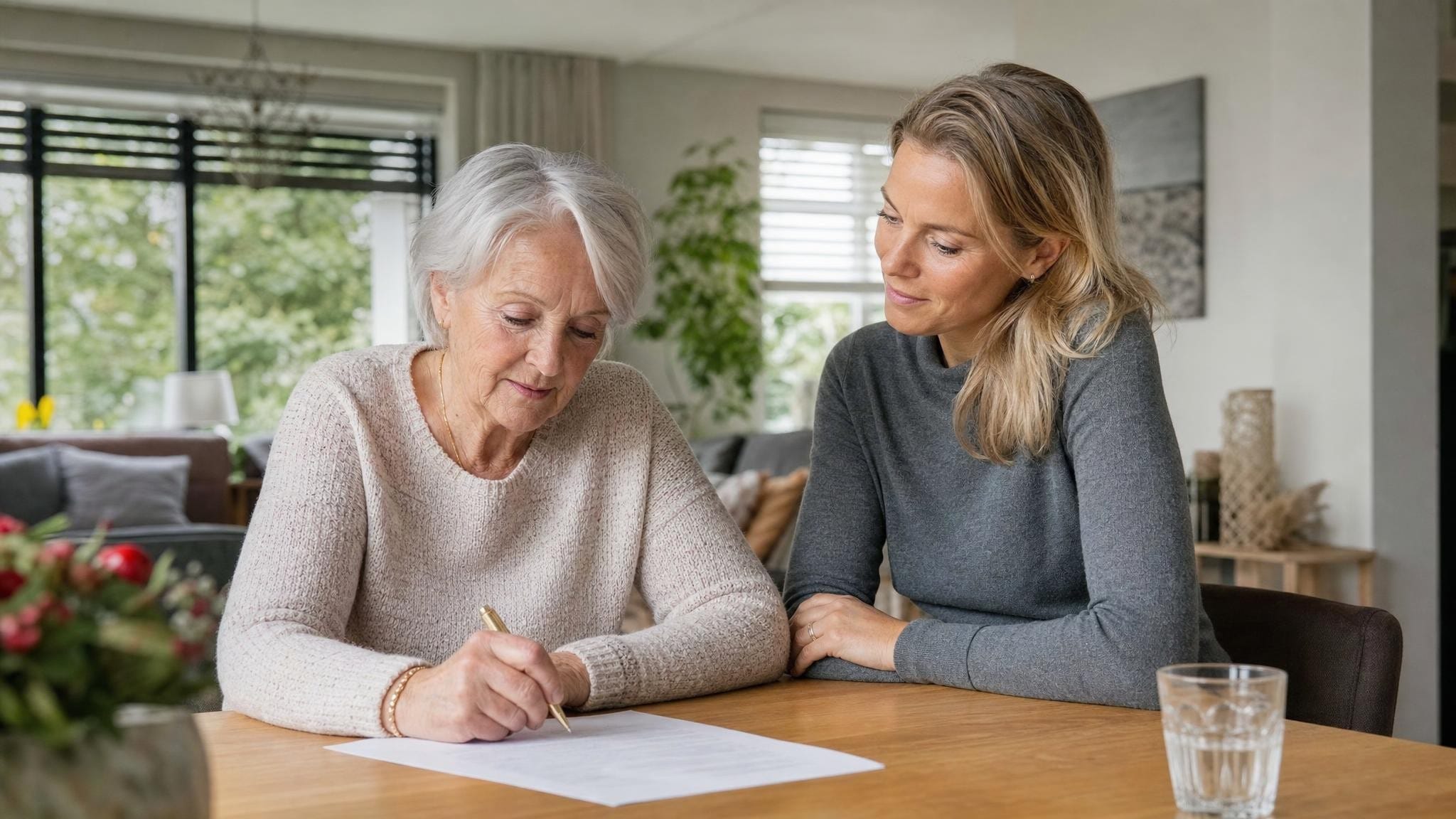 Oudere vrouw ondertekent een document aan tafel terwijl haar volwassen dochter naast haar zit, voor een medische volmacht