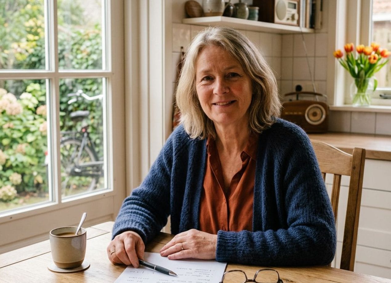 Oudere vrouw vult thuis aan de keukentafel haar testament in om aan een goed doel na te laten