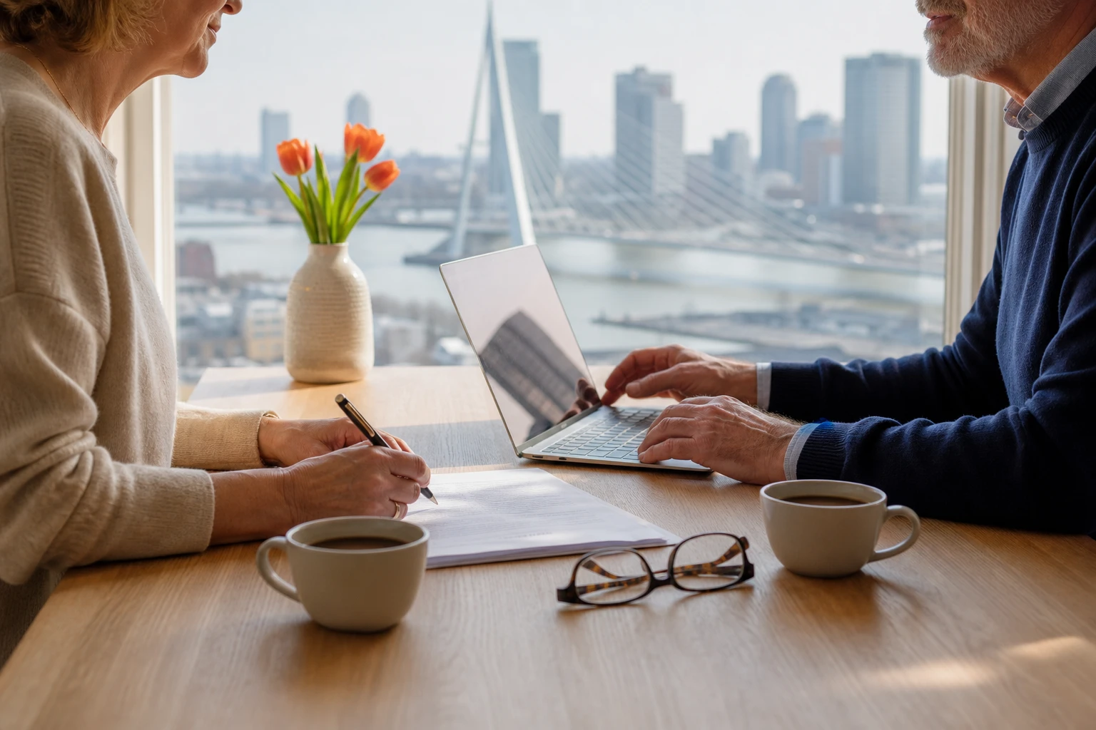 Ouder stel bereidt online een akte voor aan de keukentafel, met uitzicht op de Erasmusbrug in Rotterdam