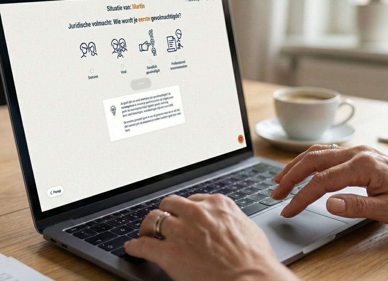 Handen van een vrouw van middelbare leeftijd die op een laptop een online levenstestament opstelt, waarbij het scherm de keuze voor een juridische gevolmachtigde toont.