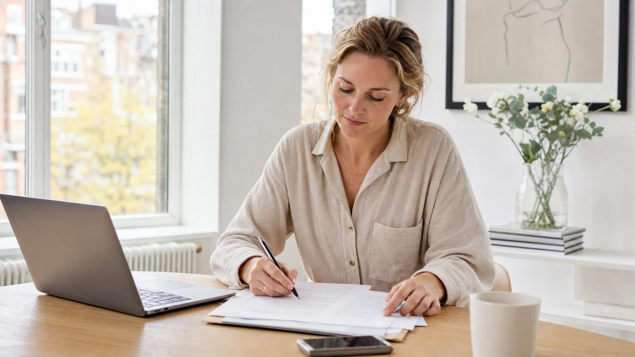 Persoon maakt aantekeningen bij een juridisch document aan een licht bureau