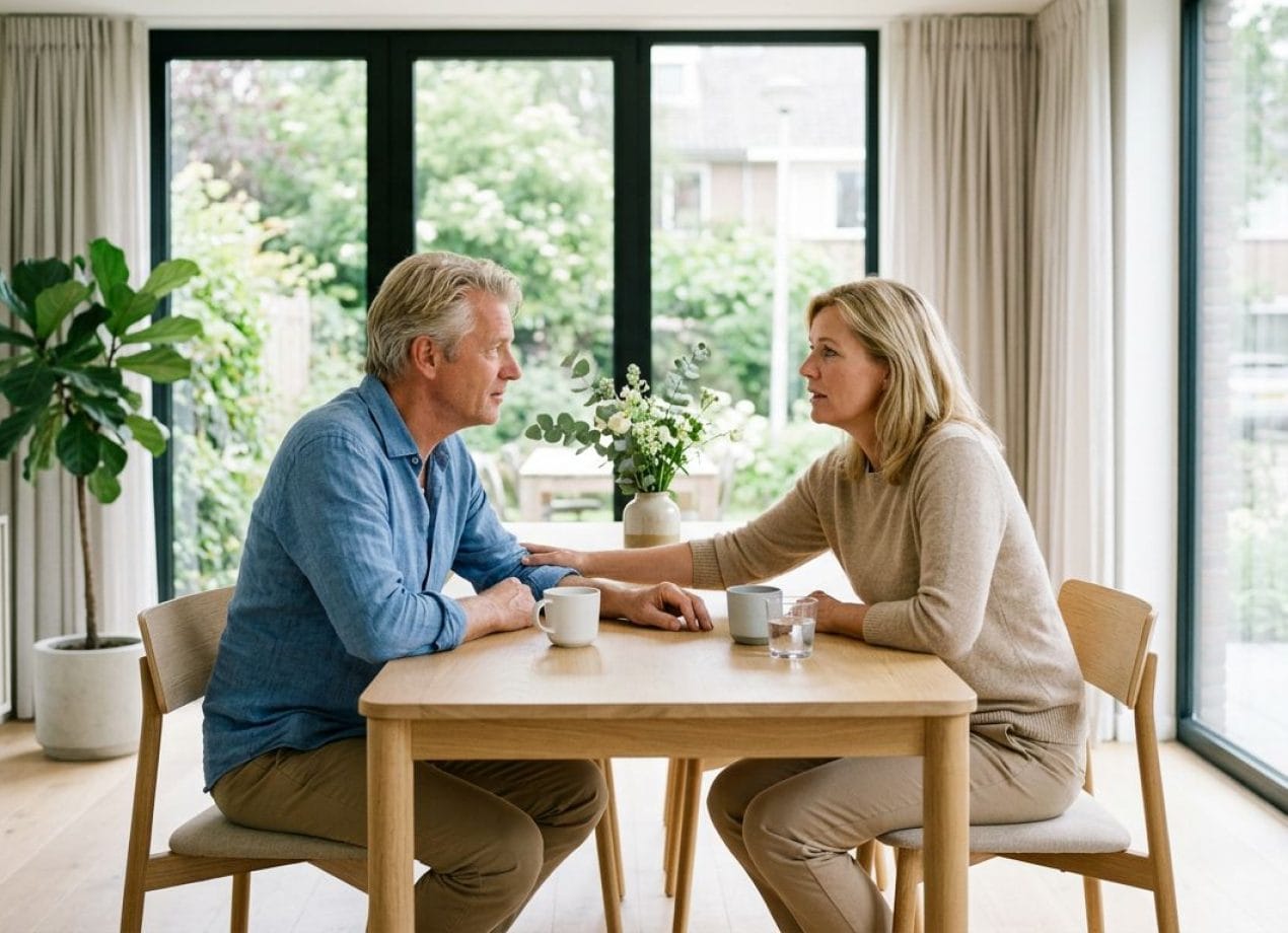 Stel heeft een rustig gesprek aan een lichte eettafel