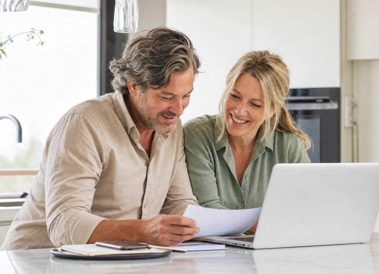 Stel bekijkt samen financiele voordelen op de laptop in de keuken