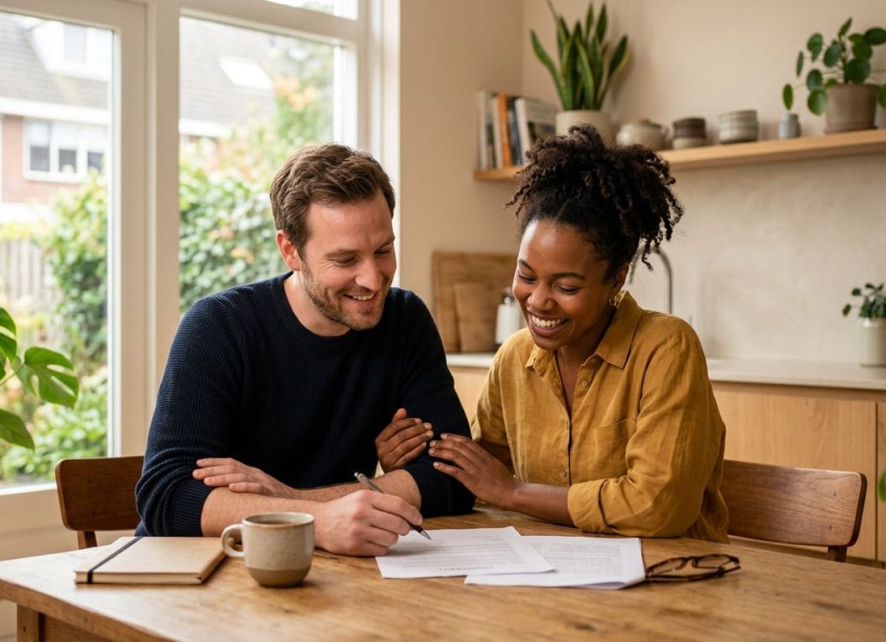 Jong stel aan de keukentafel dat samen een samenlevingscontract doorneemt — warm daglicht, moderne Nederlandse woning