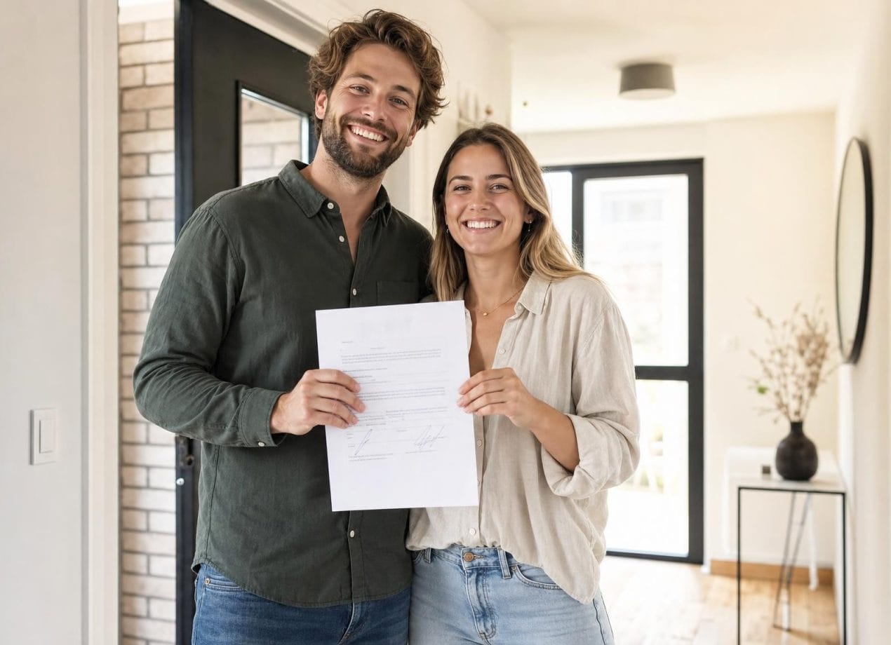 Stel staat samen in een lichte moderne hal met een getekend document