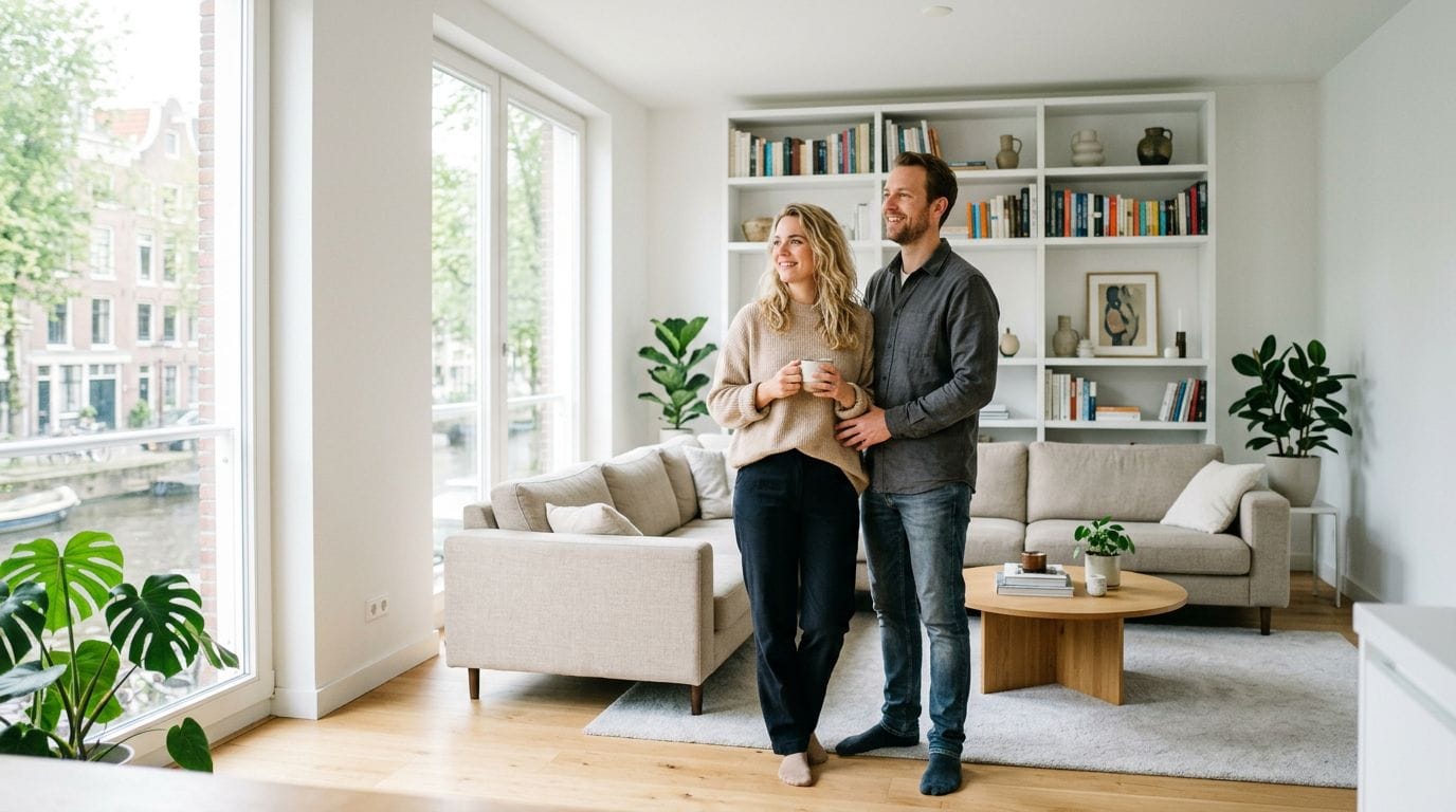 Stel staat samen in een lichte moderne woonkamer