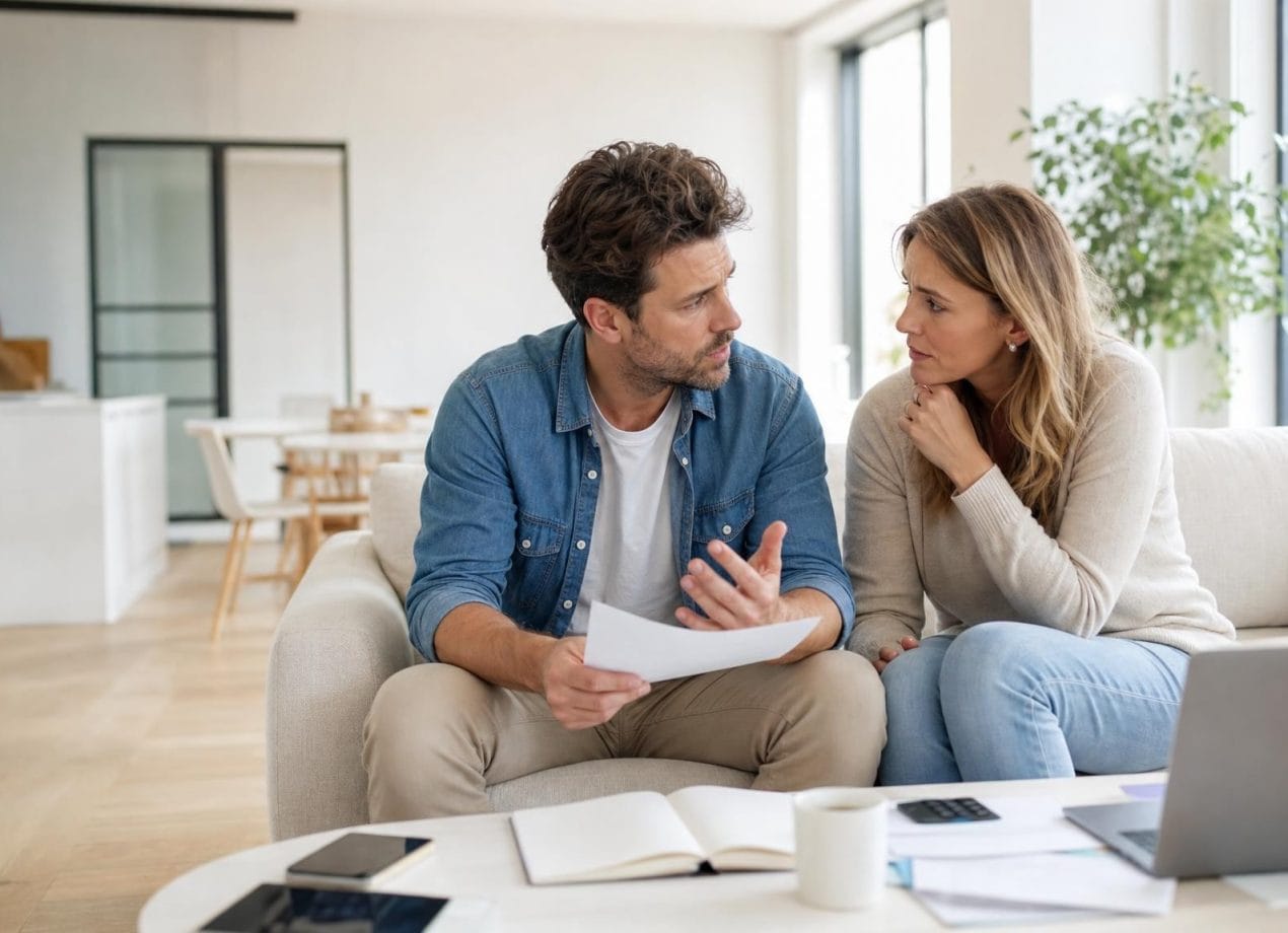 Stel heeft een rustig gesprek over schulden op de bank