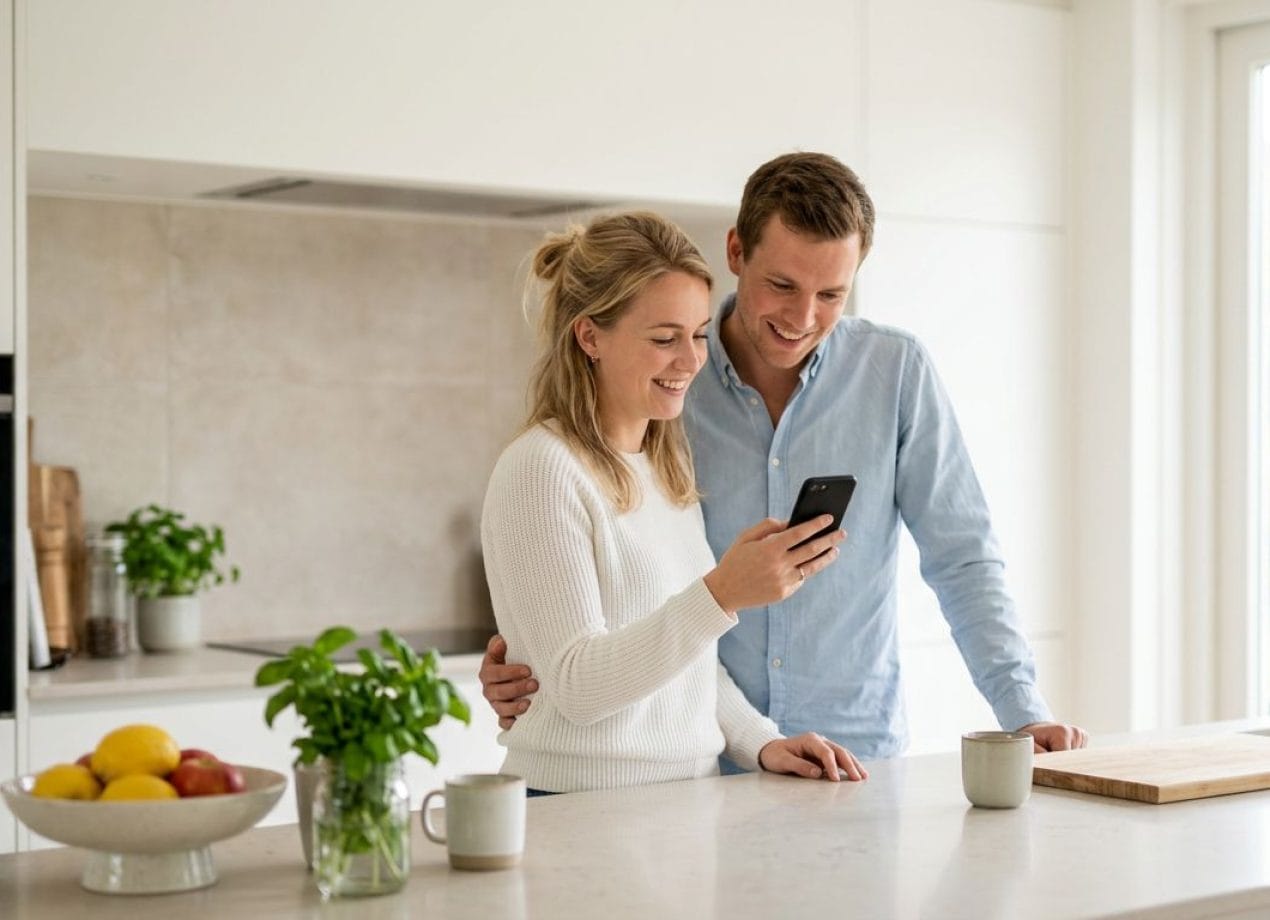 Stel kijkt samen naar een telefoon in een lichte moderne keuken