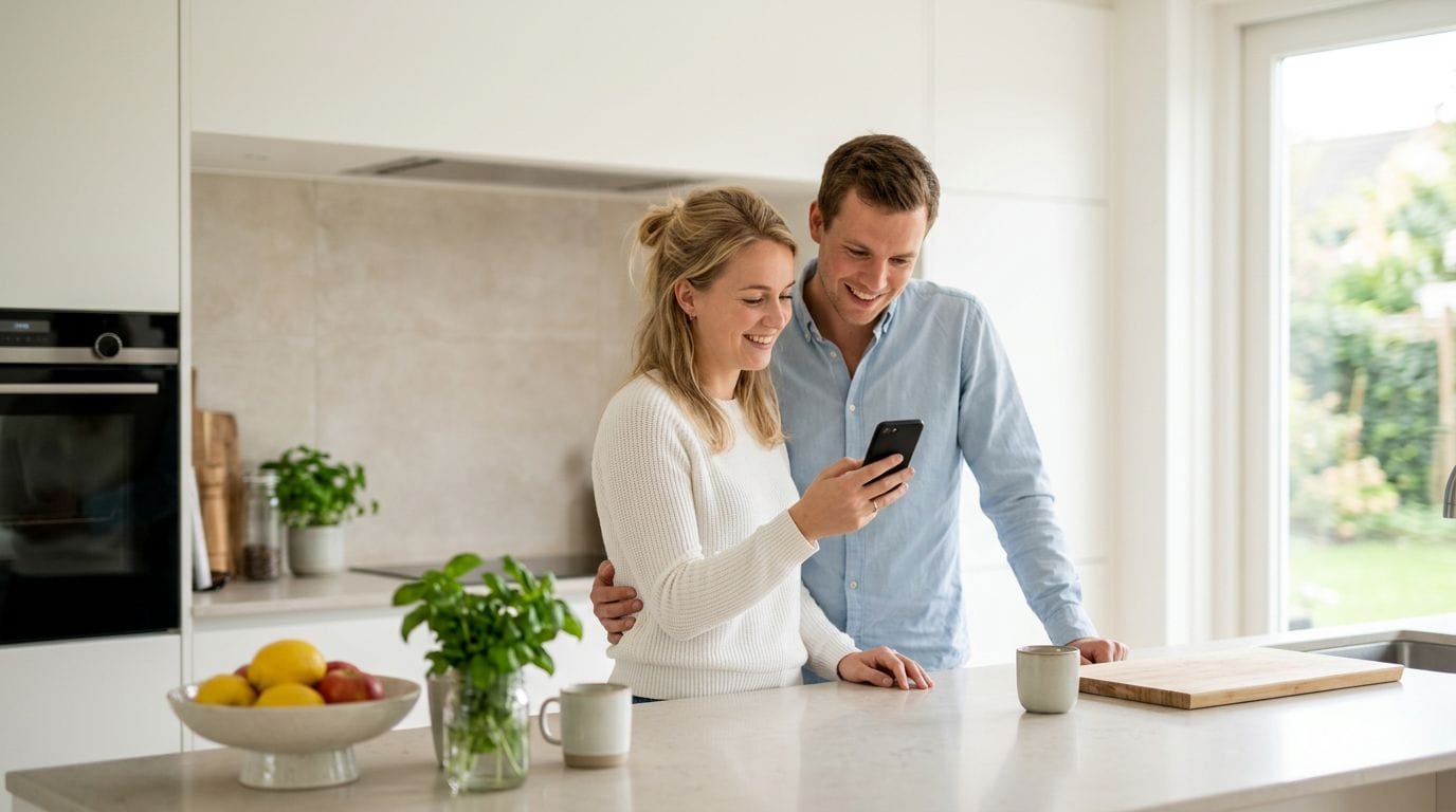 Stel kijkt samen naar een telefoon in een lichte moderne keuken