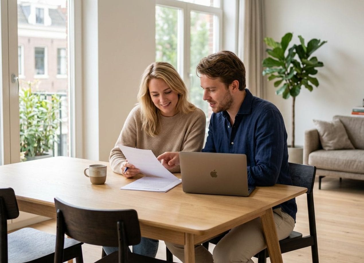 Stel bespreekt samen een samenlevingscontract aan een moderne eettafel