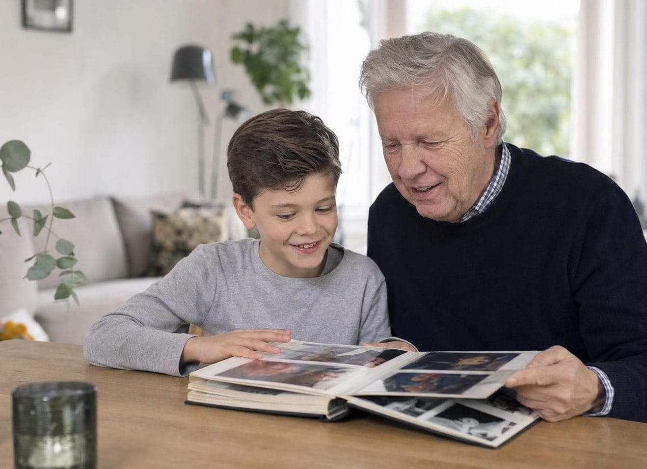 Opa bekijkt samen met zijn kleinzoon een fotoalbum aan tafel in een lichte, moderne woonkamer