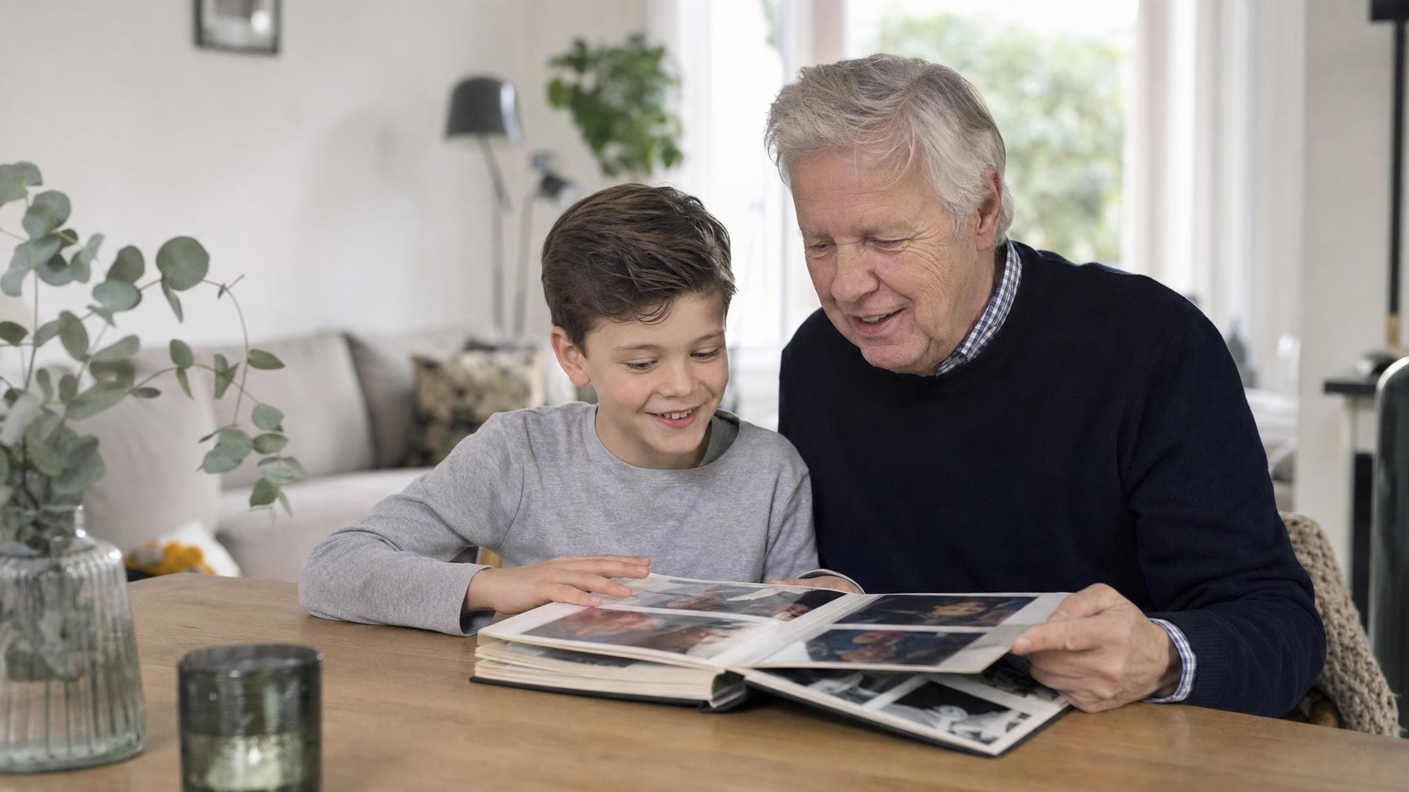 Opa bekijkt samen met zijn kleinzoon een fotoalbum aan tafel in een lichte, moderne woonkamer