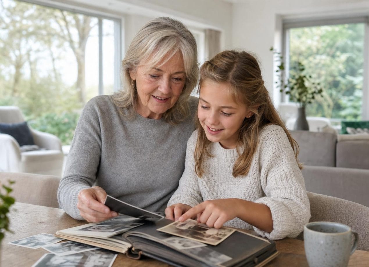 Oma bekijkt samen met haar kleindochter een oud fotoalbum aan tafel in een lichte, moderne woonkamer