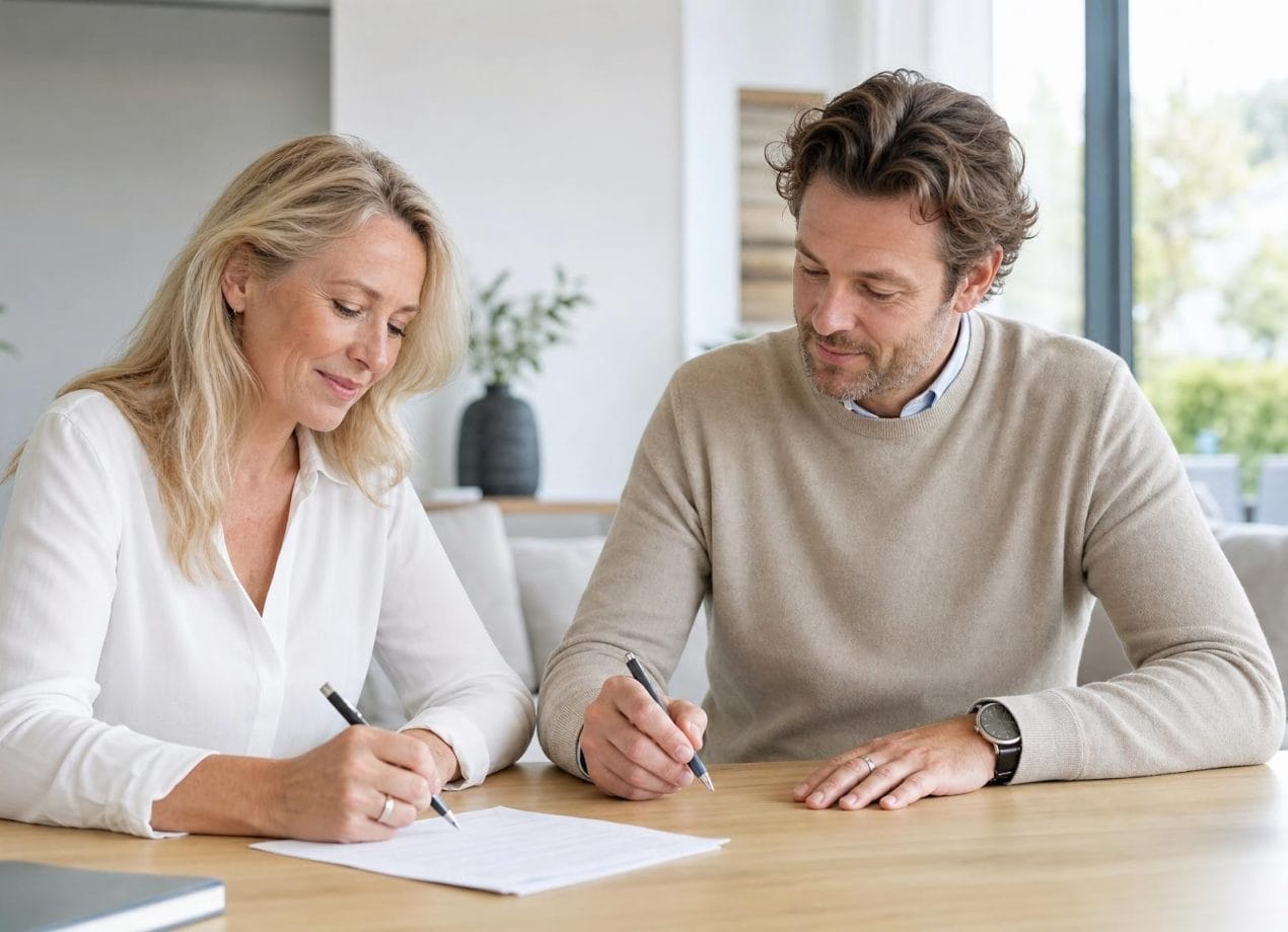 Twee personen bespreken aan tafel in een licht modern interieur de instelling van bewind