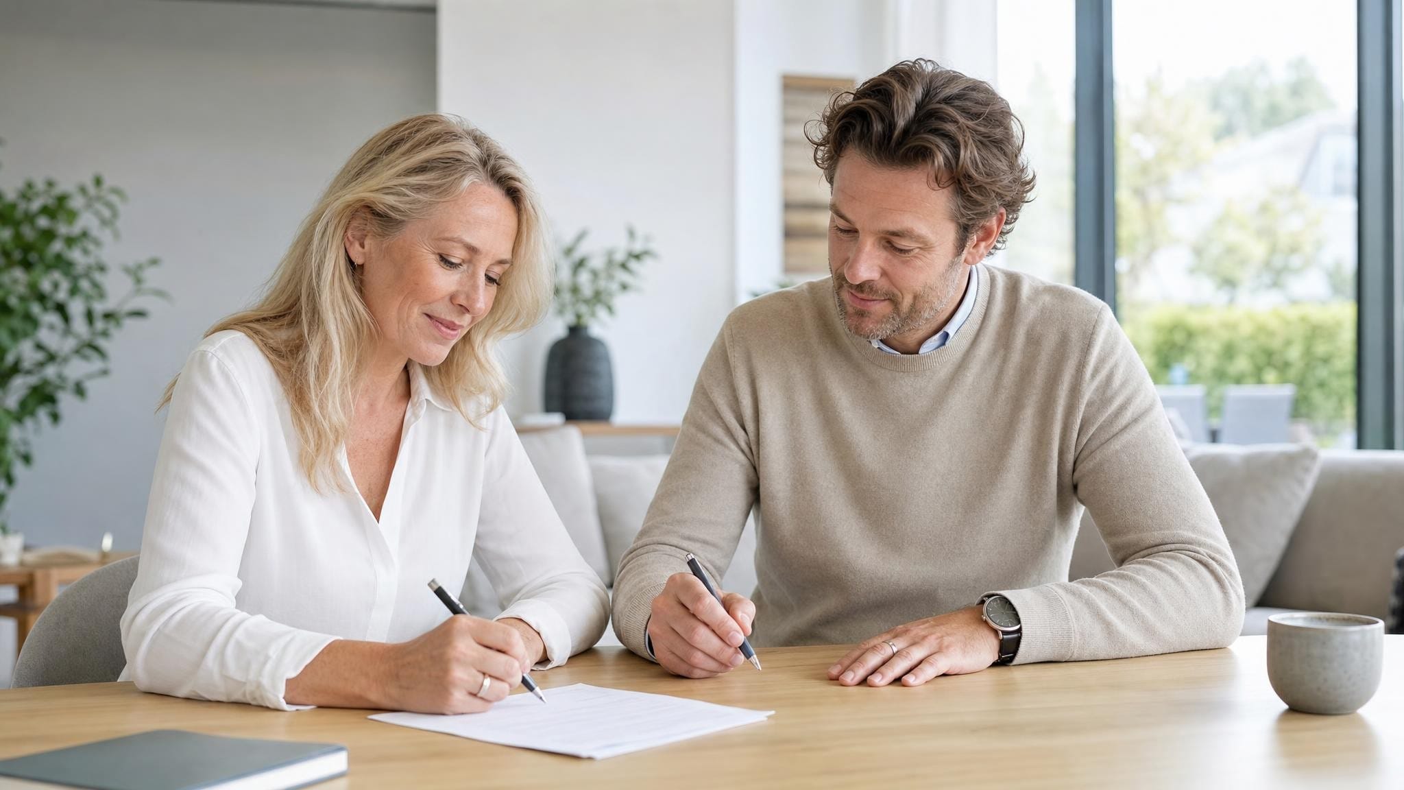 Twee personen bespreken aan tafel in een licht modern interieur de instelling van bewind