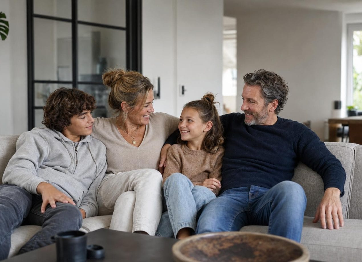 Samengesteld gezin met kinderen van verschillende leeftijden zit samen op de bank in een lichte, moderne woonkamer