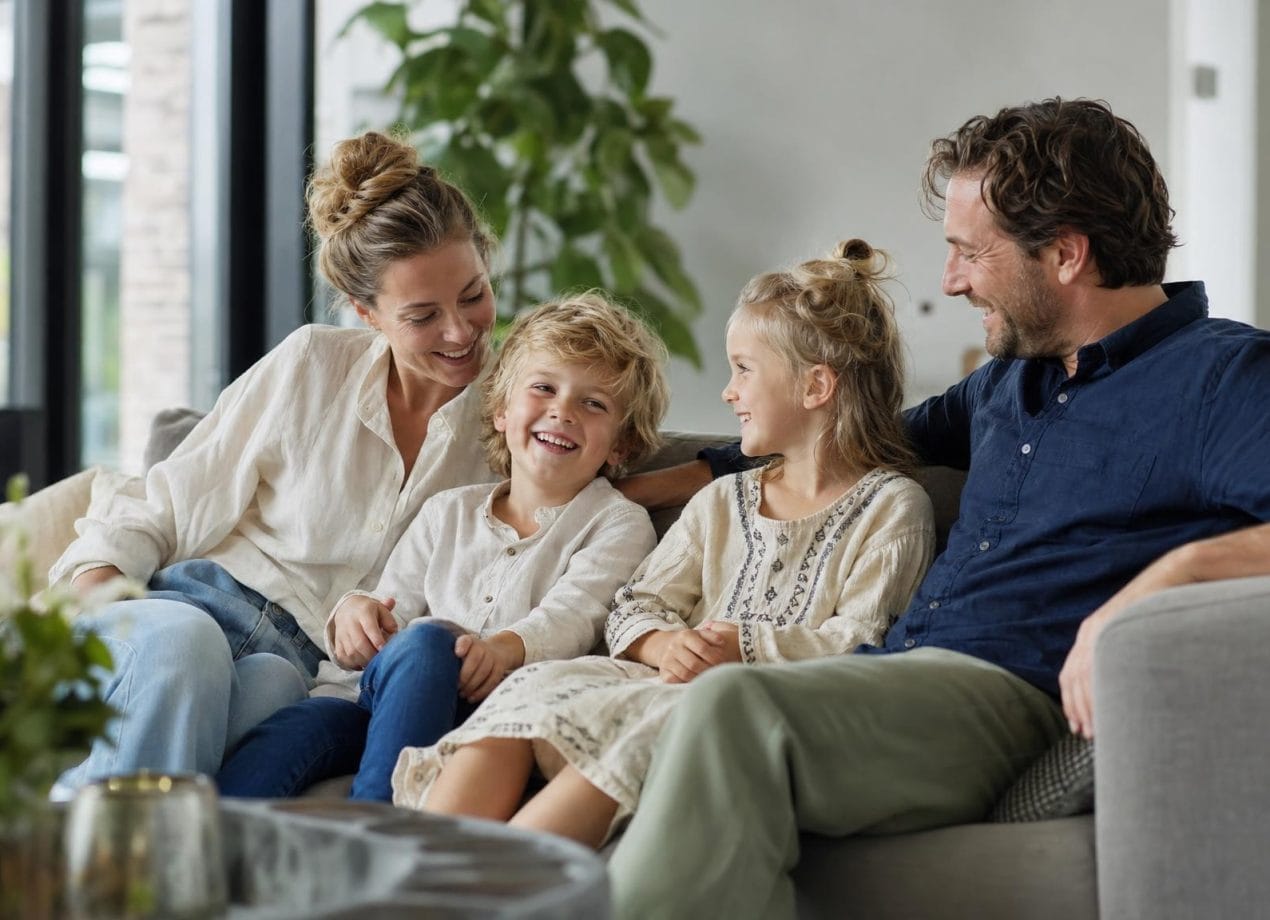 Jong gezin met twee kinderen zit samen lachend op de bank in een lichte, moderne woonkamer