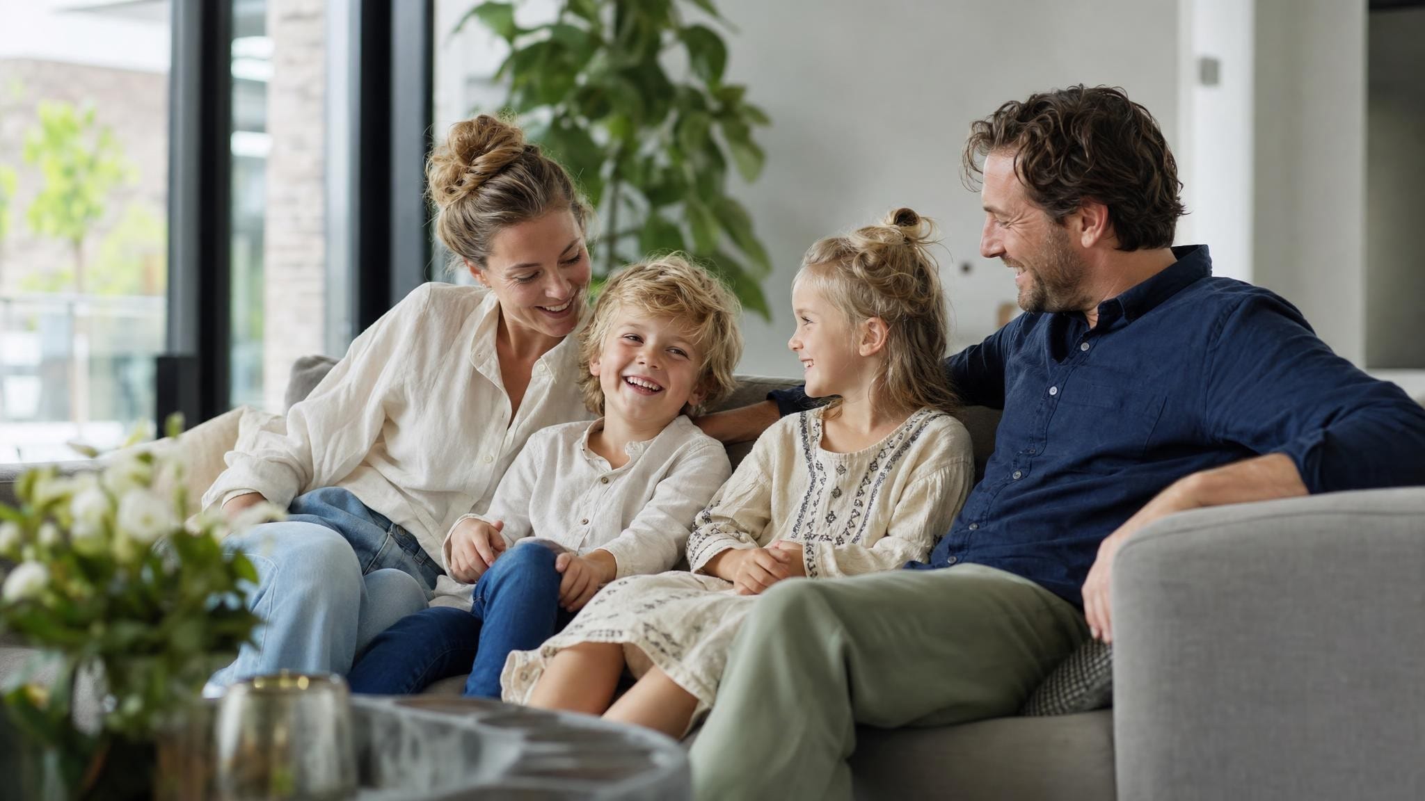 Jong gezin met twee kinderen zit samen lachend op de bank in een lichte, moderne woonkamer