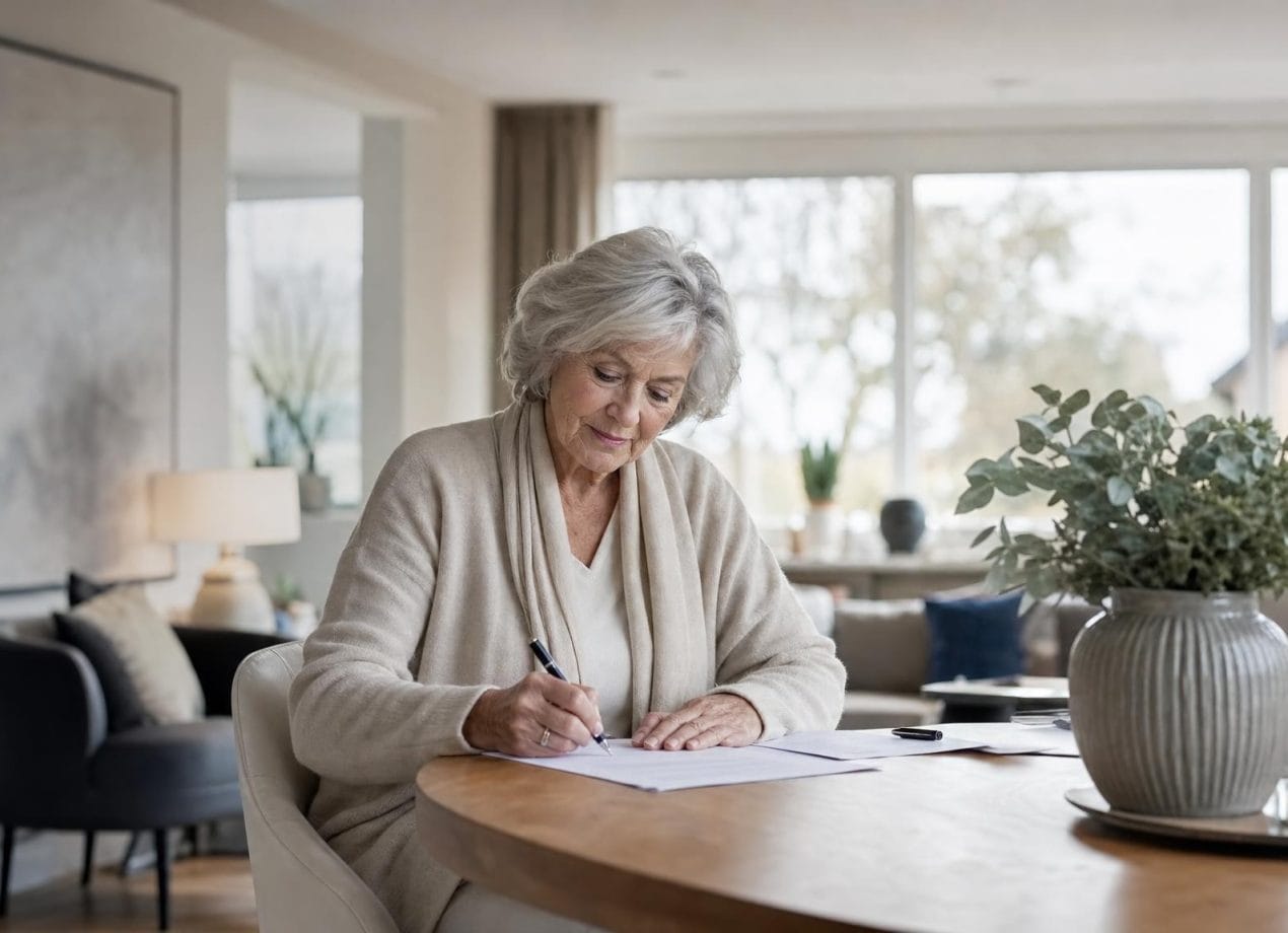 Oudere vrouw schrijft rustig en aandachtig aan tafel in een licht modern interieur