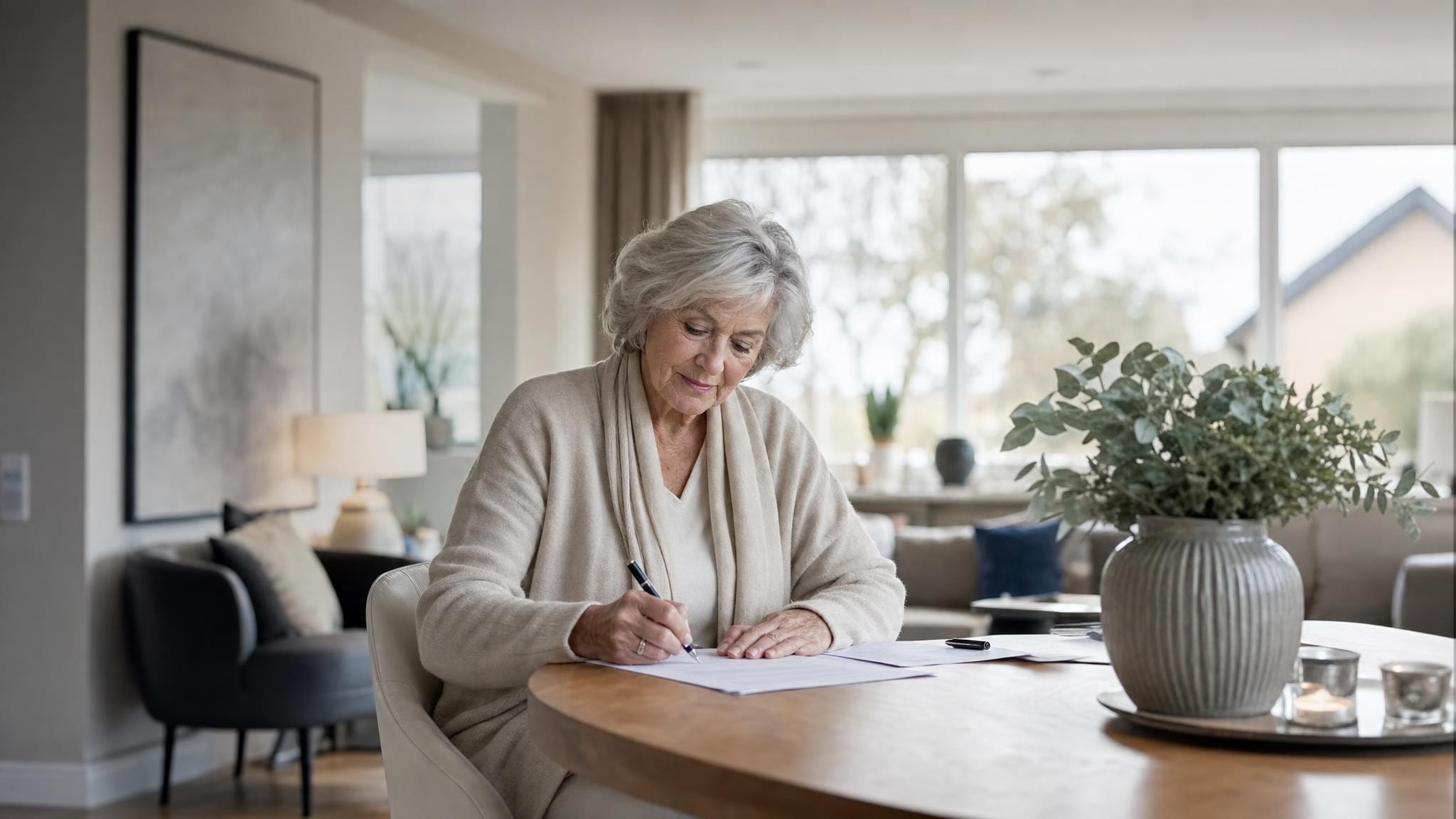 Oudere vrouw schrijft rustig en aandachtig aan tafel in een licht modern interieur