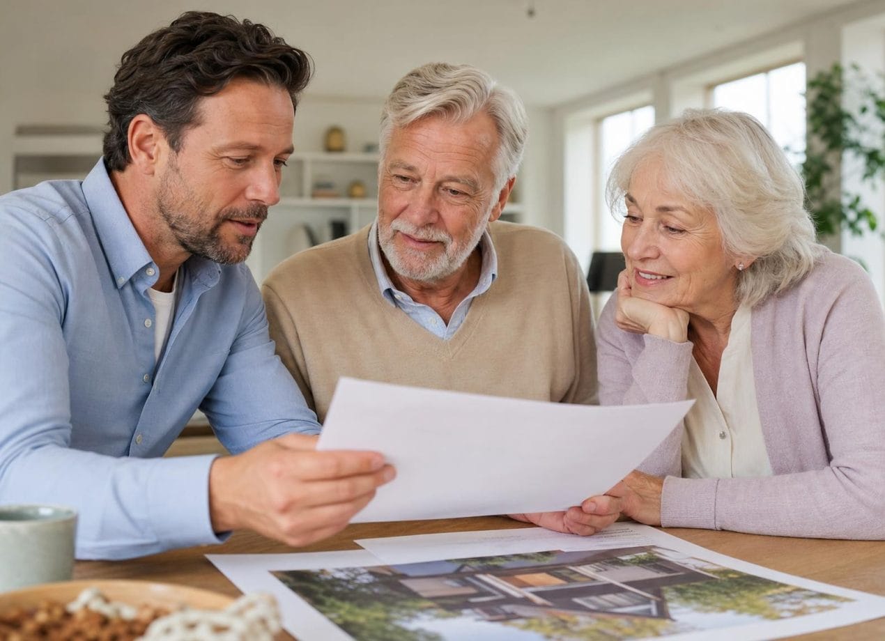 Volwassen zoon bespreekt samen met zijn oudere ouders aan tafel documenten over het erven van het huis, in een licht modern interieur