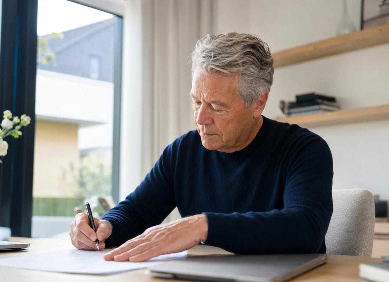 Oudere man ondertekent aan een bureau in een licht modern interieur een document voor een notariële volmacht