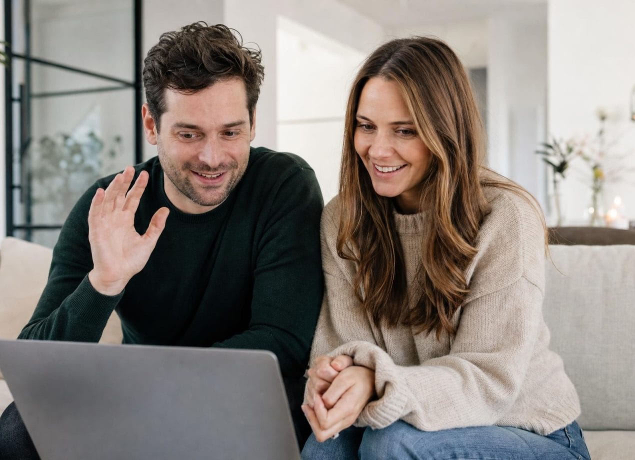 Stel zit samen op de bank en regelt via een videogesprek op de laptop hun samenlevingscontract met een online notaris