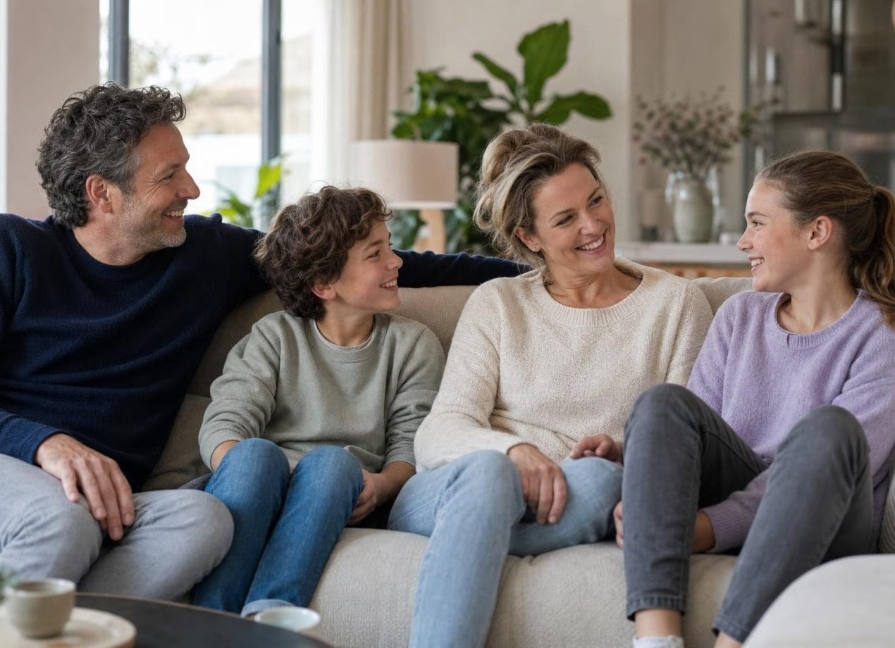 Samengesteld gezin met ouders en twee kinderen van verschillende leeftijden zit lachend samen op de bank
