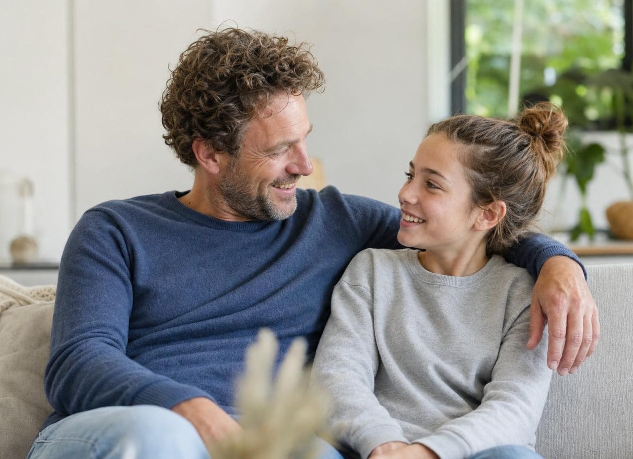 Stiefvader en zijn stiefdochter zitten samen lachend op de bank in een lichte, moderne woonkamer