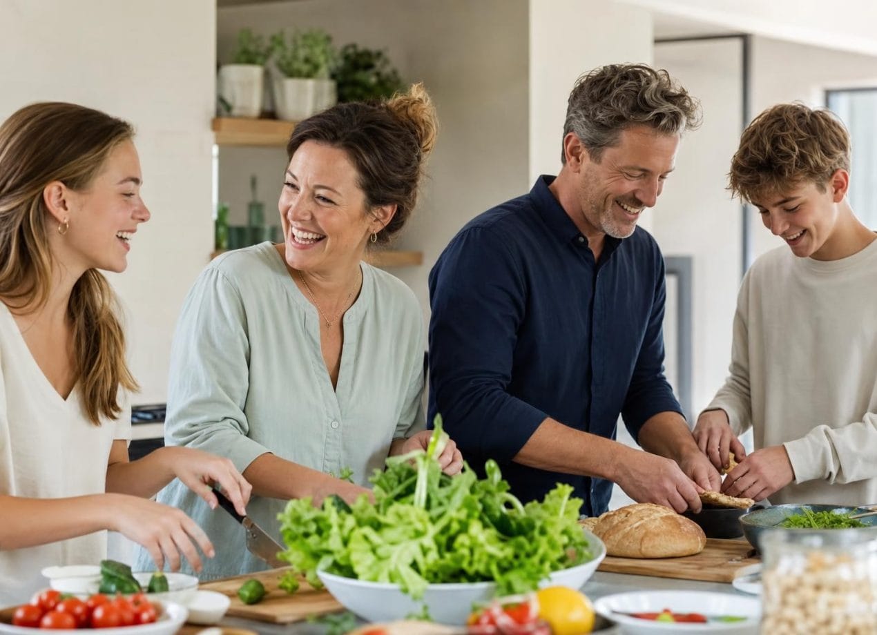 Samengesteld gezin bereidt samen lachend eten in een lichte, moderne keuken