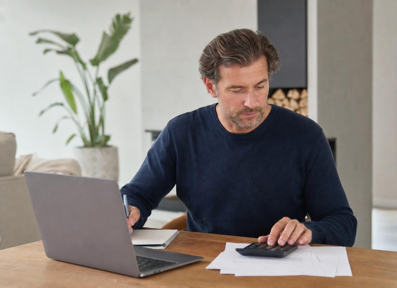Man berekent aan een bureau met laptop en rekenmachine de erfbelasting in een licht modern interieur