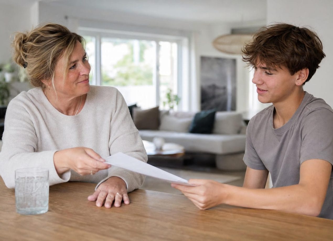 Moeder overhandigt haar tienerzoon een document aan tafel in een licht modern interieur