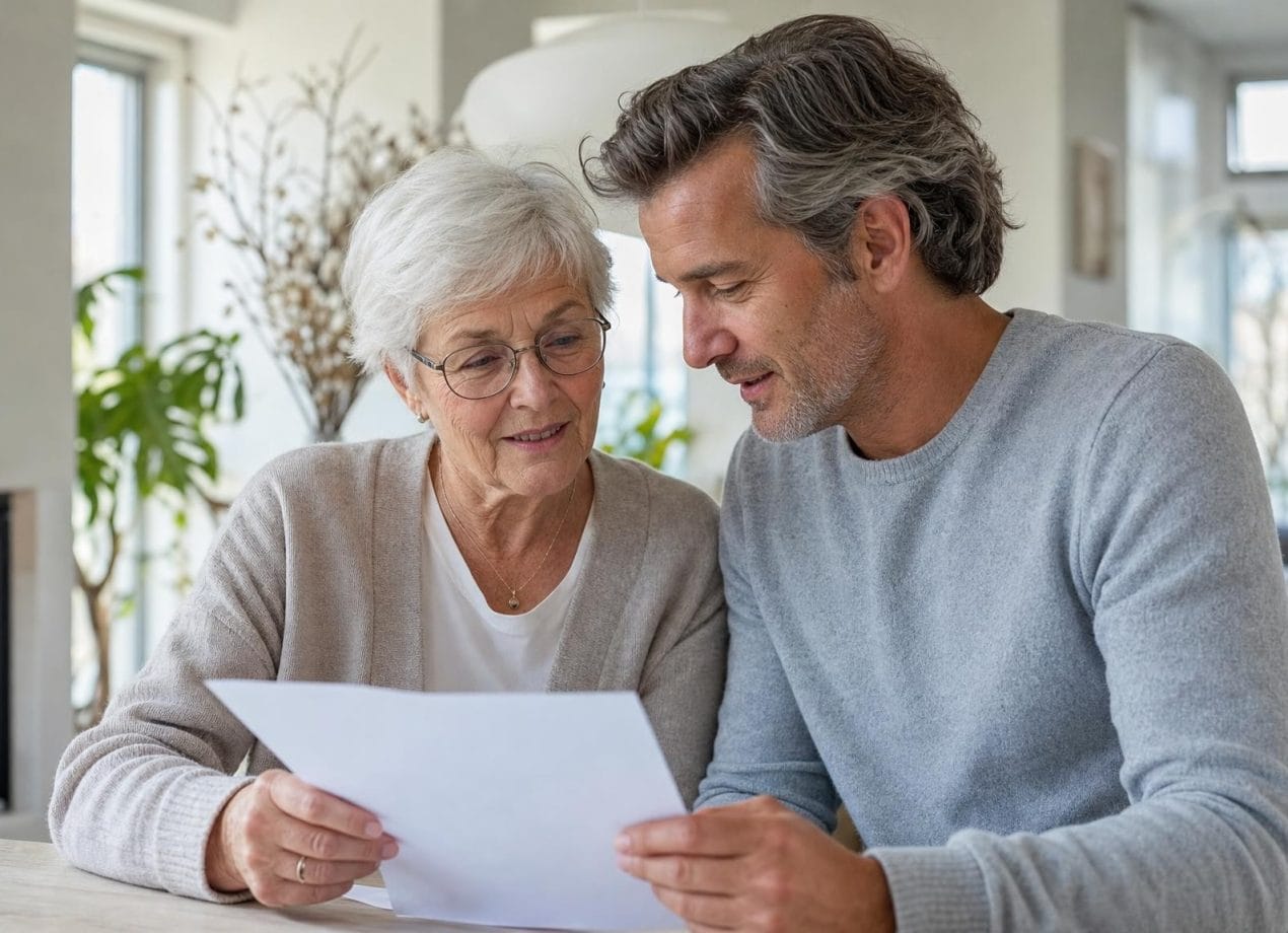 Oudere vrouw en haar volwassen zoon bekijken samen een document aan tafel in een licht modern interieur