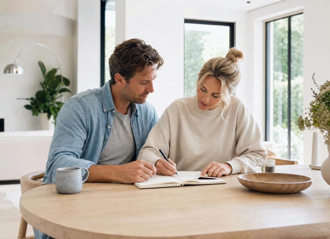 Stel maakt samen aantekeningen aan een lichte eettafel