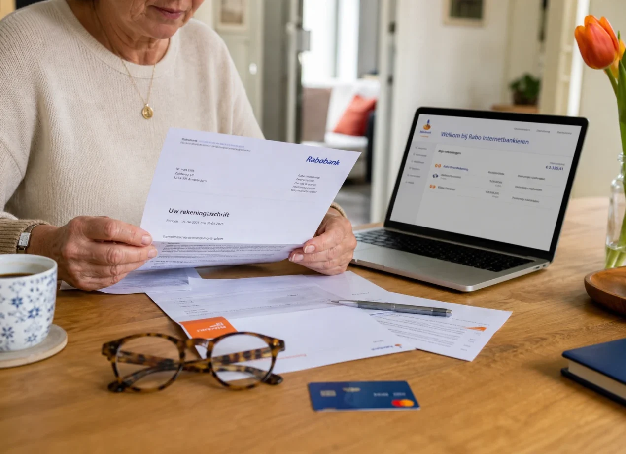 Nabestaande van rond de 60 regelt thuis online de bankzaken na een overlijden met een bankbrief en laptop