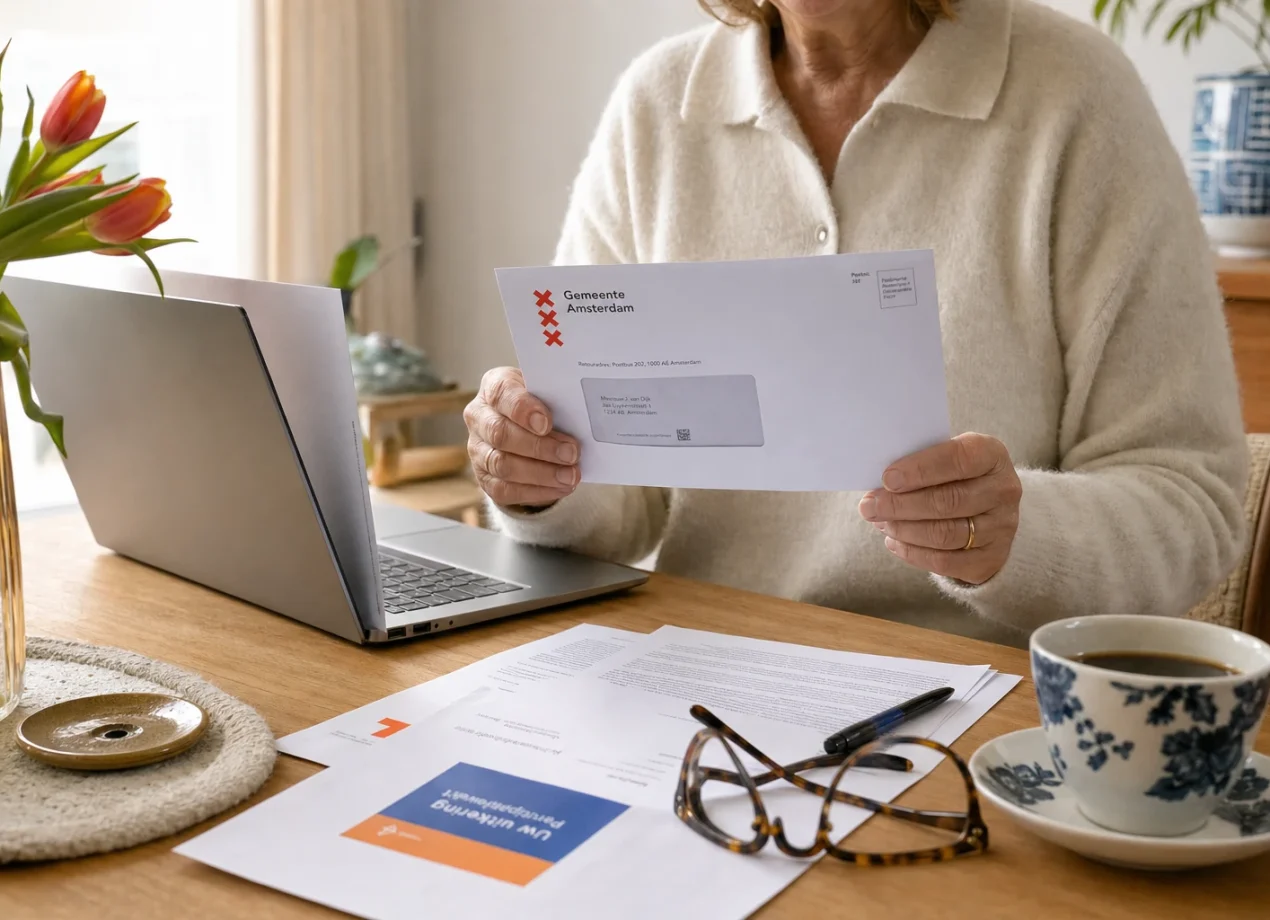 Persoon van rond de 60 met post van de gemeente en een laptop aan tafel voor een verklaring van erfrecht