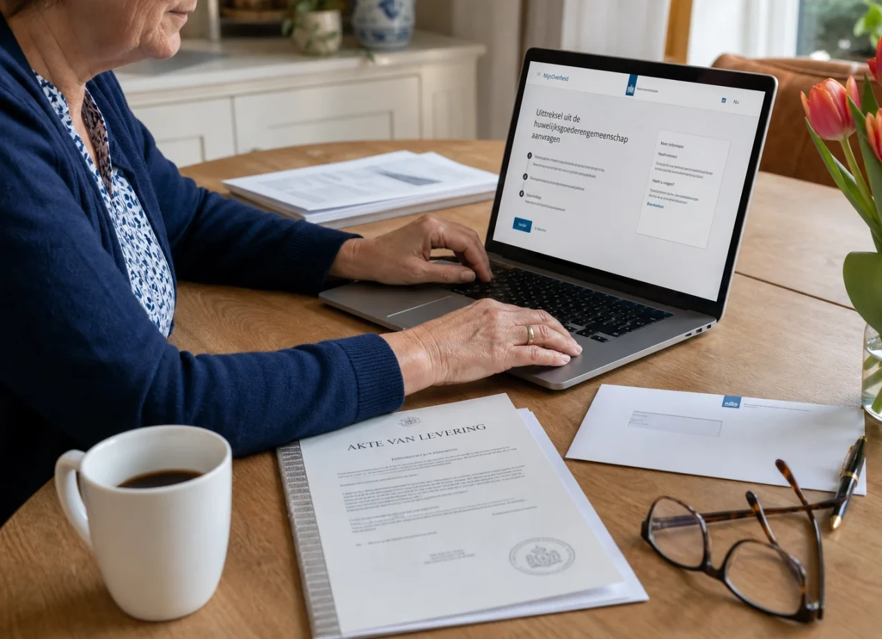 Erfgenaam van rond de 60 vraagt thuis online een kopie van een verklaring van erfrecht op